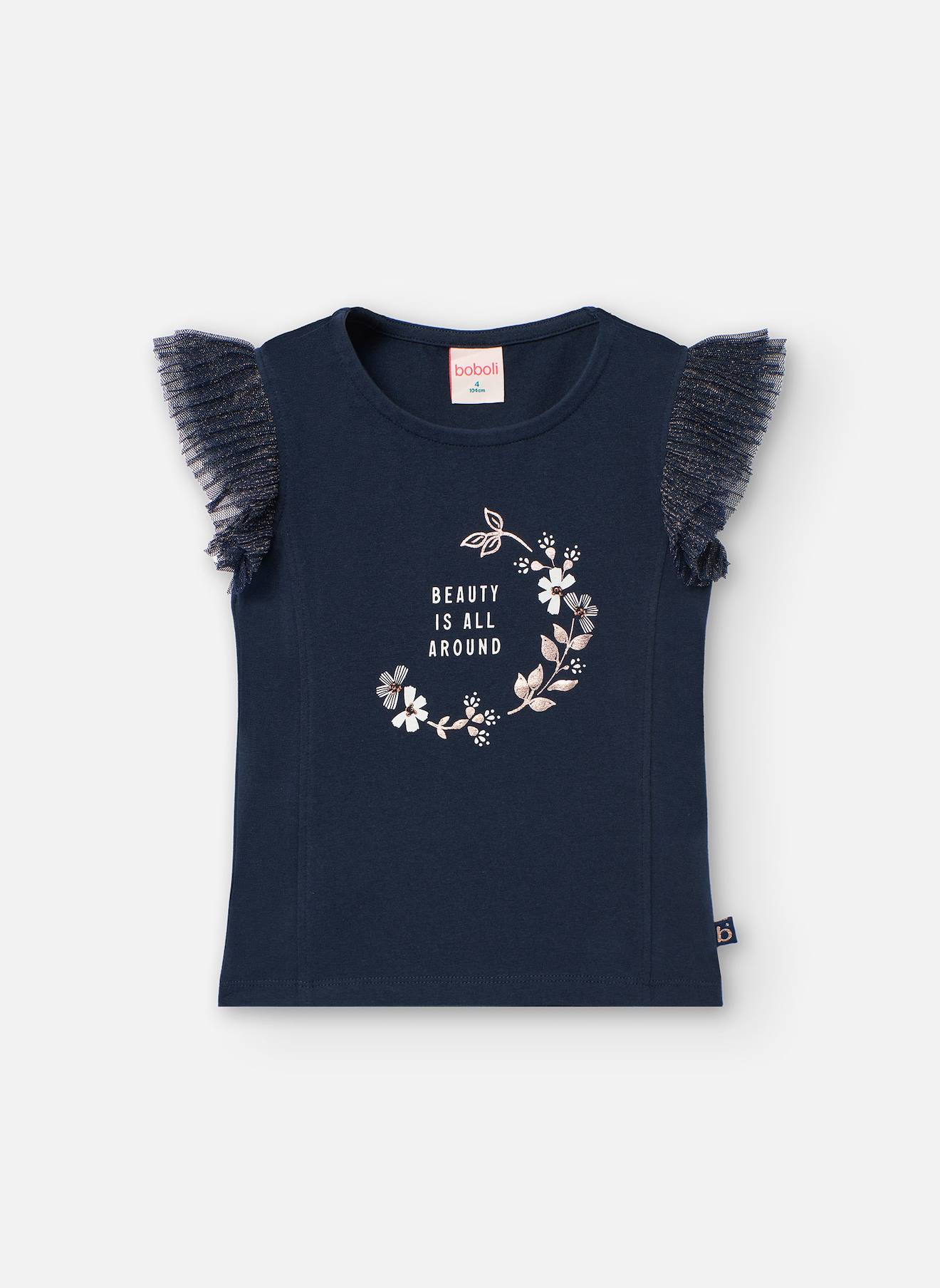 T-shirt Avec Manches Froncées Et Dessin Sur Le Devant Bleu