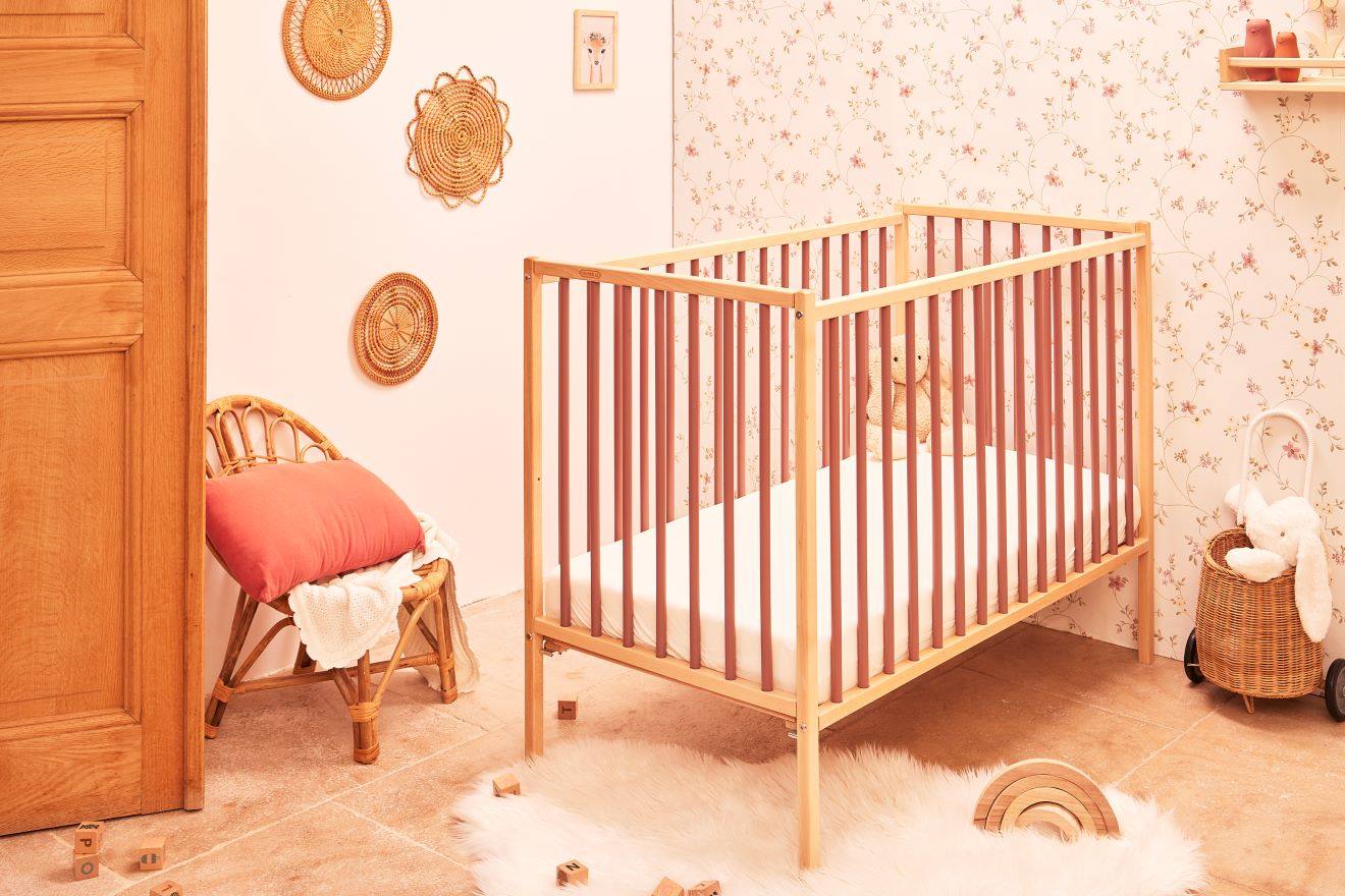 Lit À Barreaux Bébé - Rémi - En Bois Massif Bois Hybride Vieux Rose