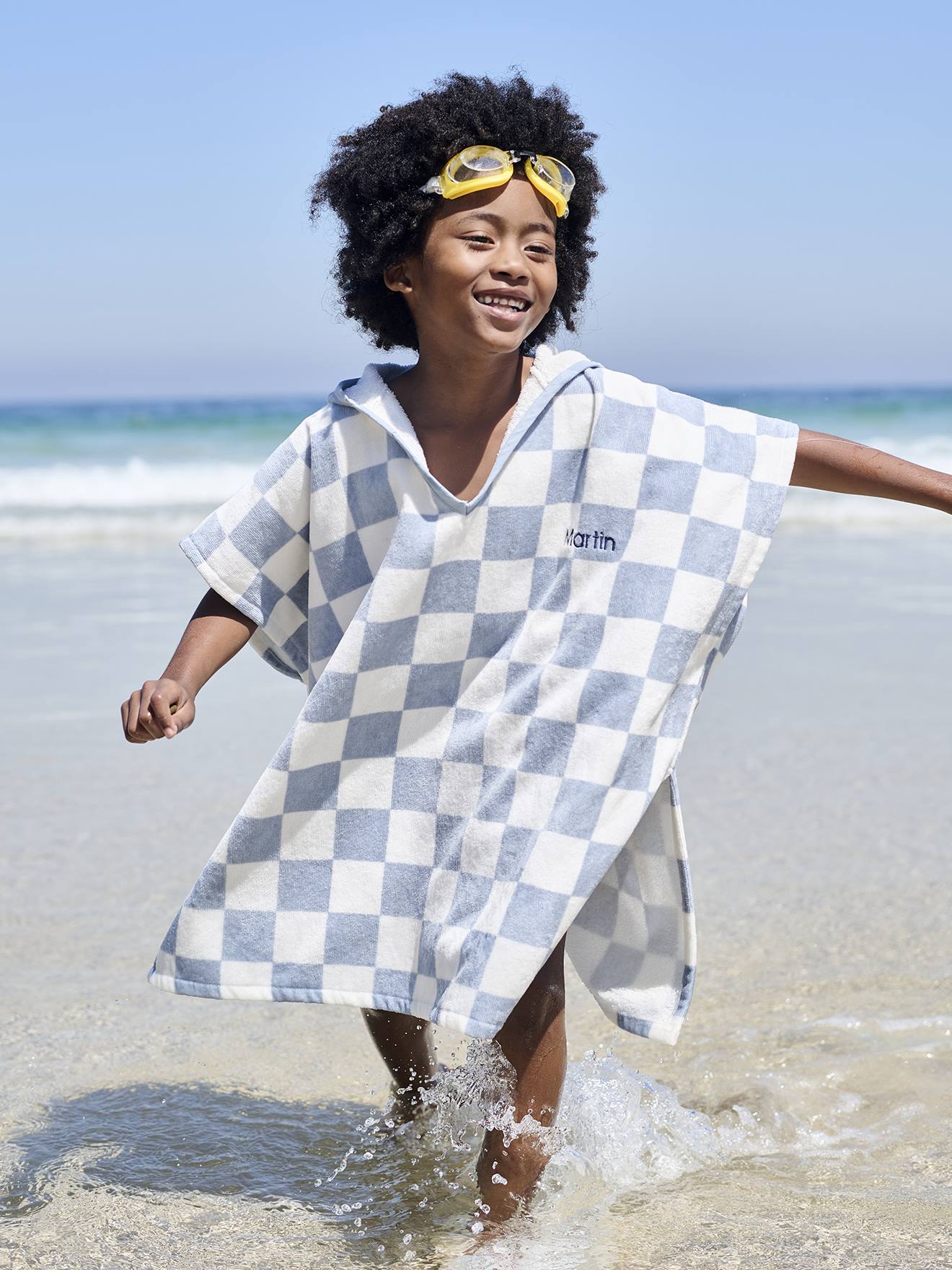 Poncho de bain / plage enfant personnalisable, avec coton recyclé carreaux bleu