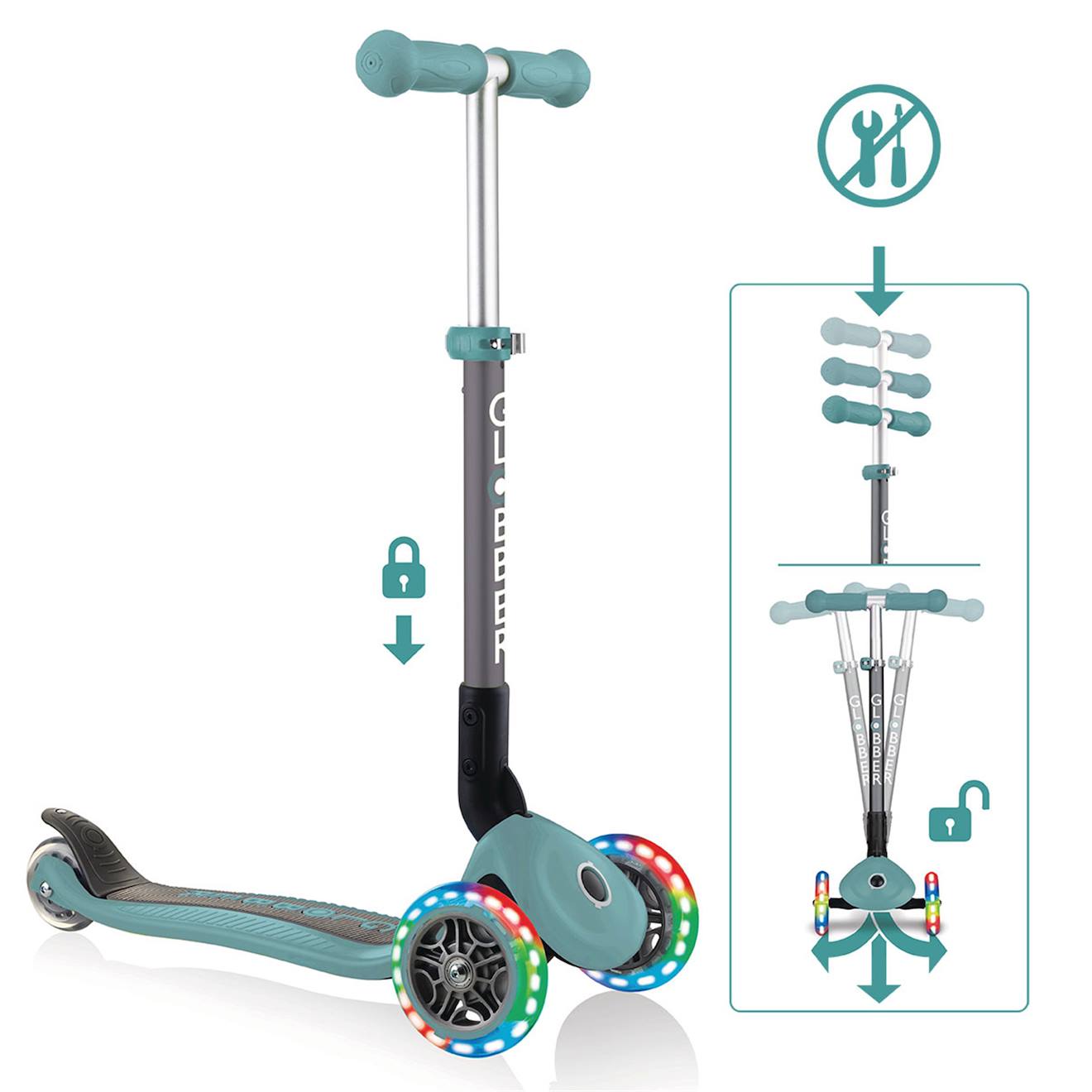 Trottinette Globber Primo - 120/80 Mm, Abec 5, 3 Roues, Réglable, Roues Led Bleu