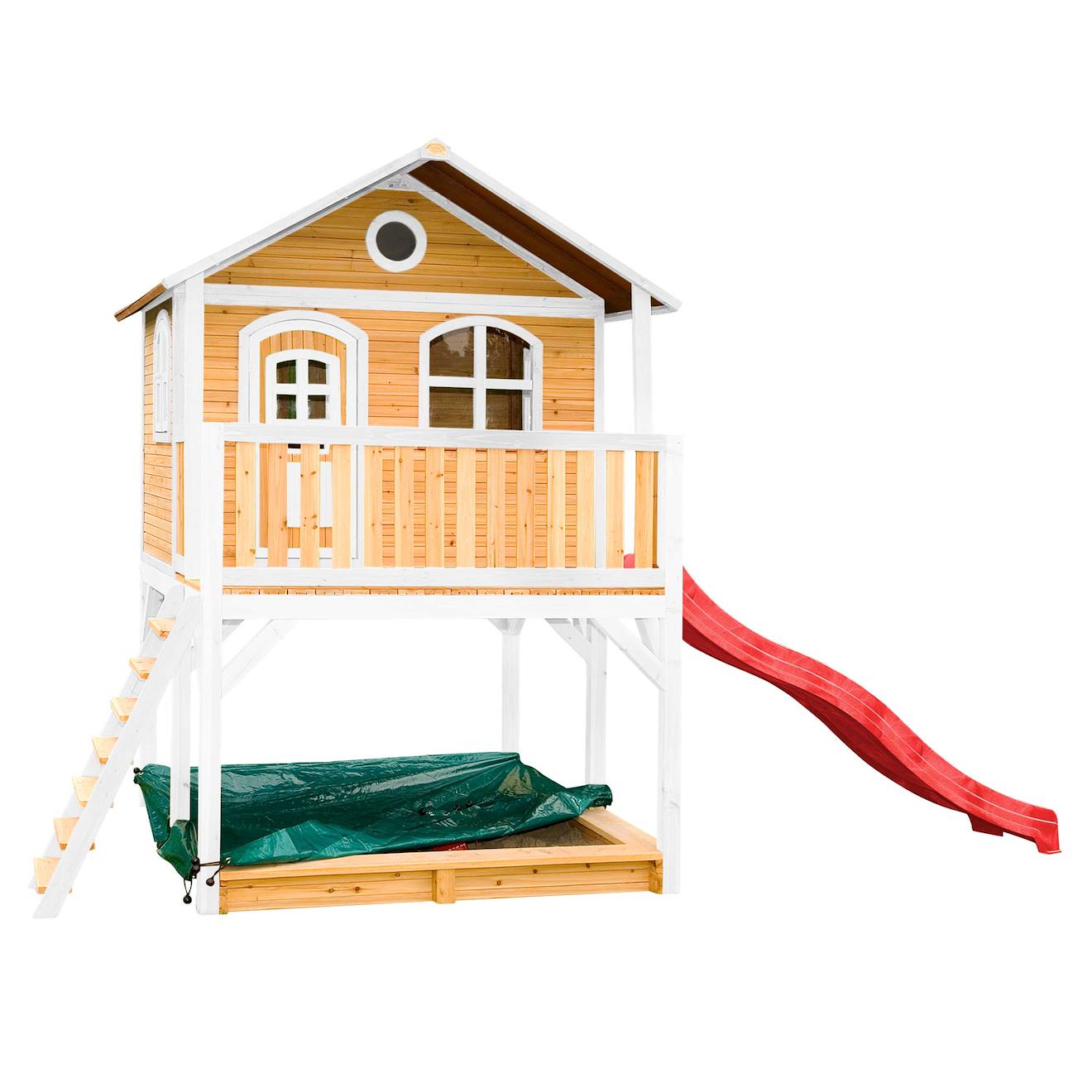 Maisonnette En Bois Sur Pilotis Marc Avec Toboggan, Bac À Sable Et Plateforme Rouge