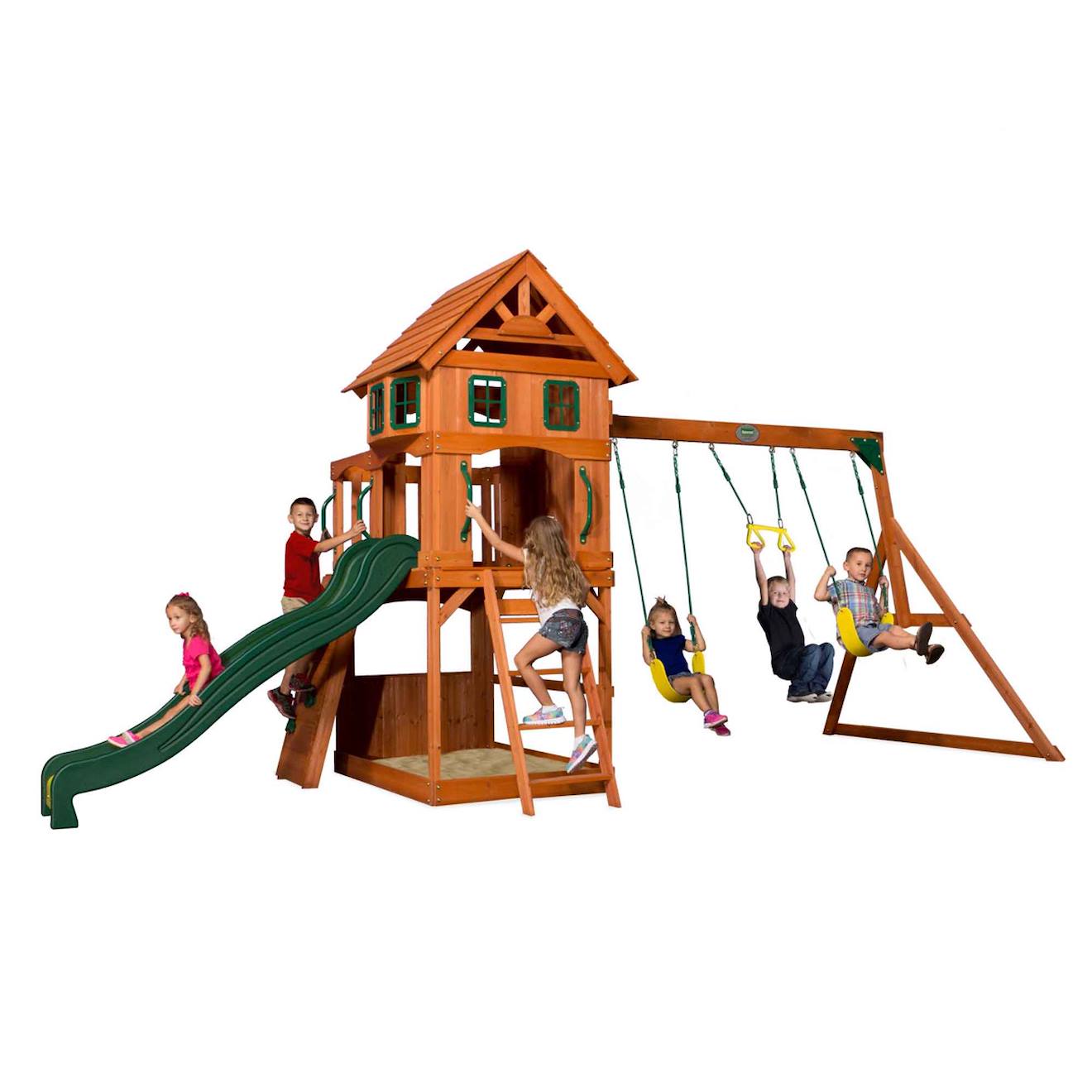 Aire De Jeux En Bois Atlantic Avec 3 Balançoires, Toboggan - Échelle Et Mur D'escalade Marron