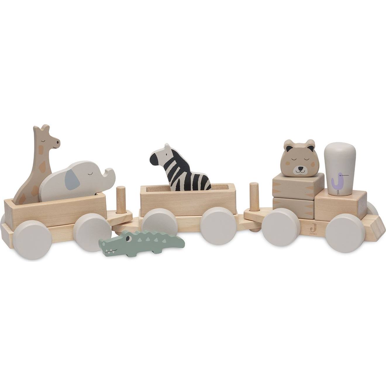 Train De Construction En Bois Beige, Vert, Blanc