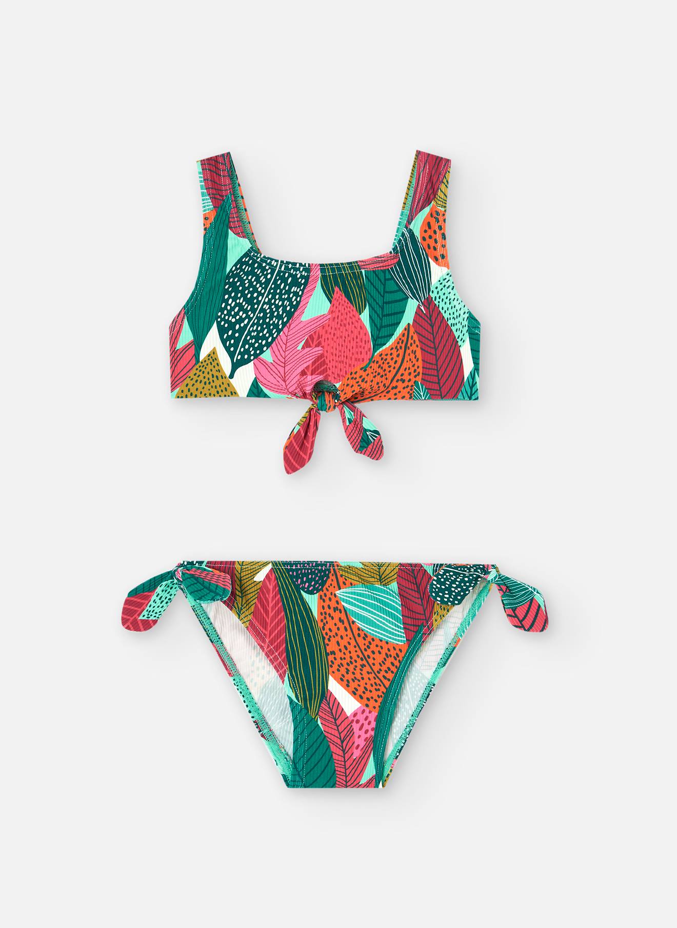 Bikini Avec Imprimé Feuilles Et Nœuds Décoratifs Multicolore