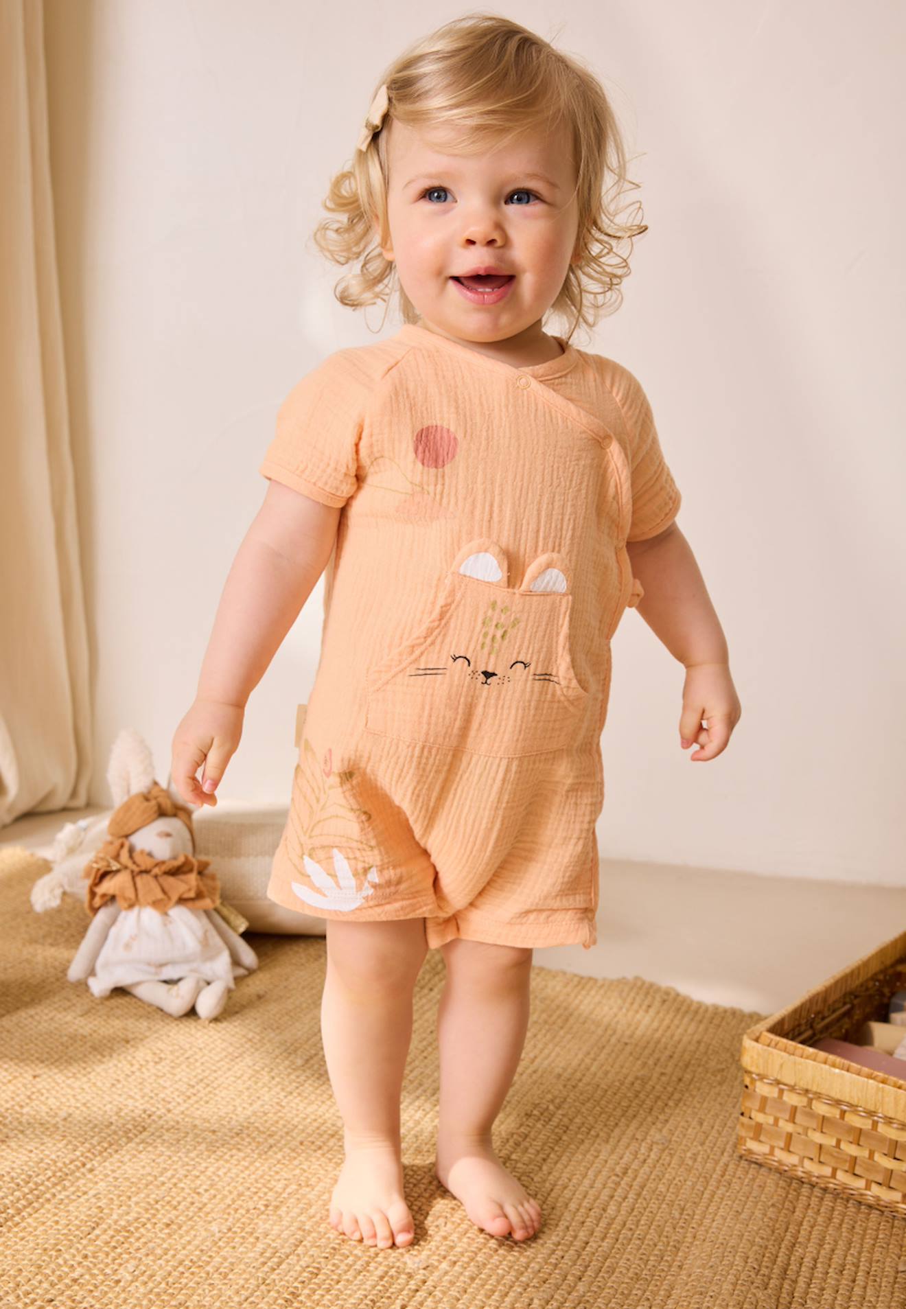 Barboteuse Bébé + Headband En Gaze De Coton Sierra Peche