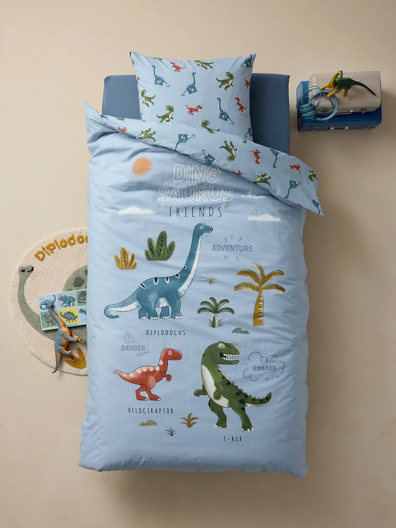 Parure housse de couette + taie d'oreiller enfant avec coton recyclé DINO FRIENDS bleu glacier
