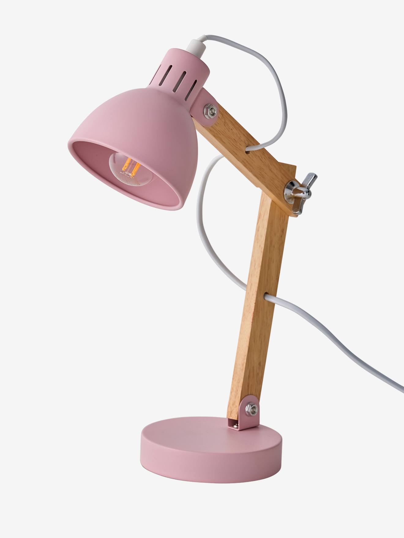 Lampe à poser articulée en bois et métal rose