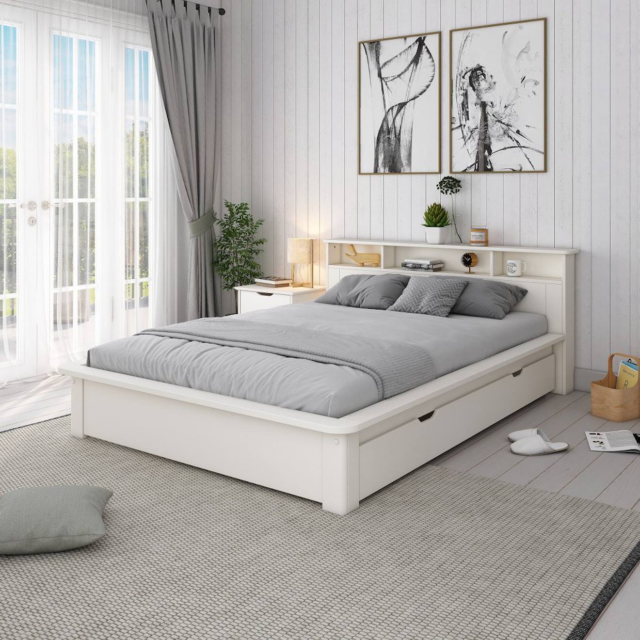 Lit Avec Étagères Et Tiroir Pin Massif Sam Blanc