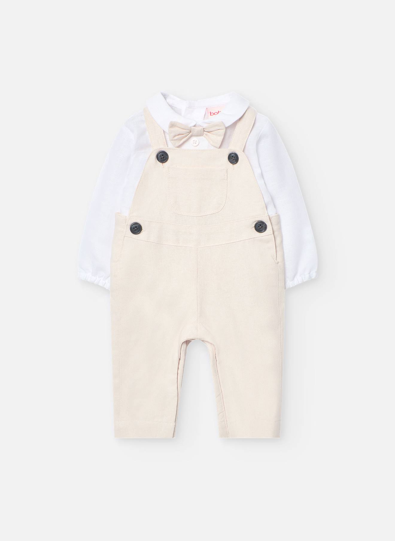 Ensemble Chemise Avec Nœud Papillon Et Salopette Longue Beige