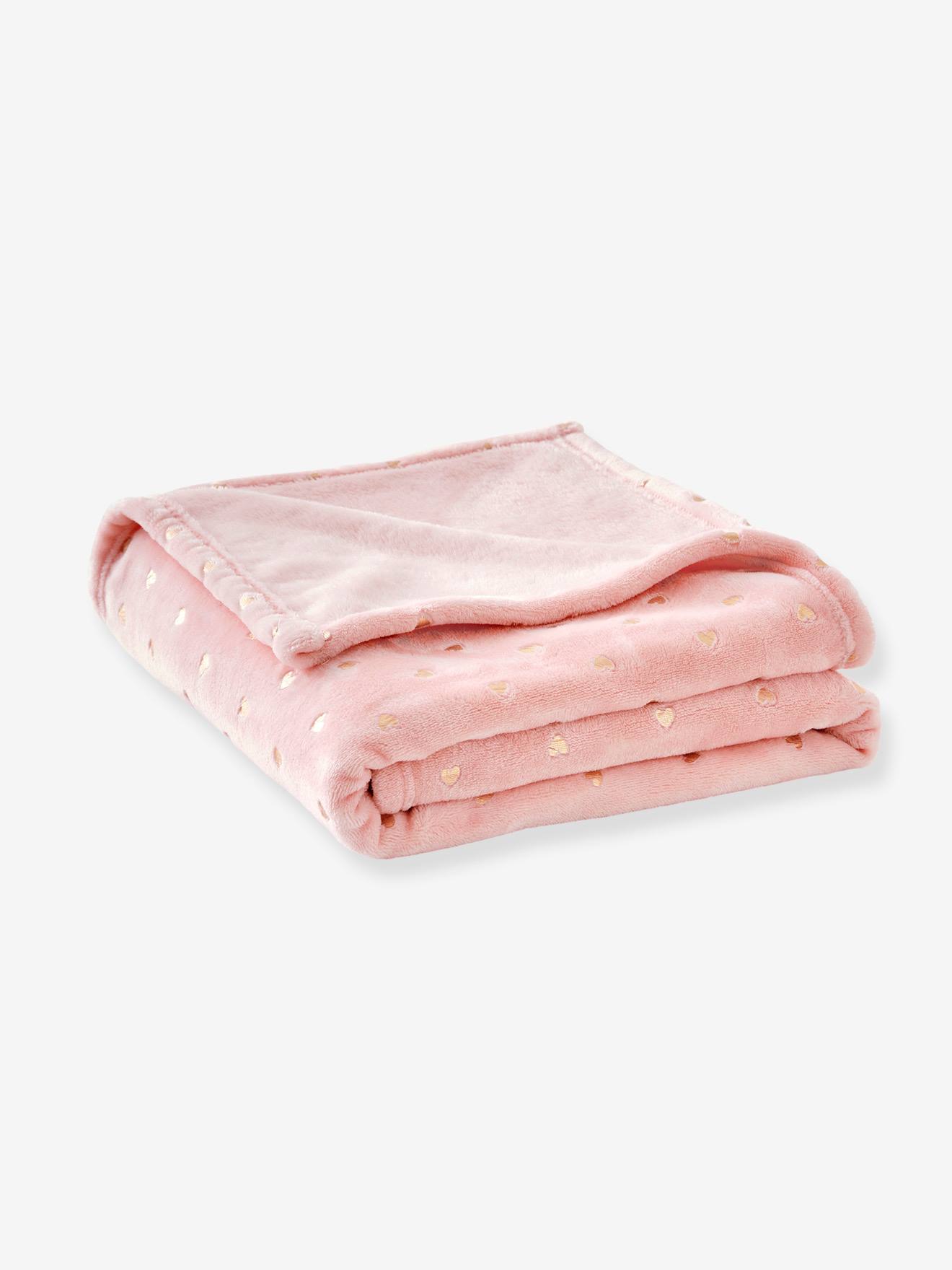 Plaid enfant en polaire motifs dorés rose / coeurs dorés