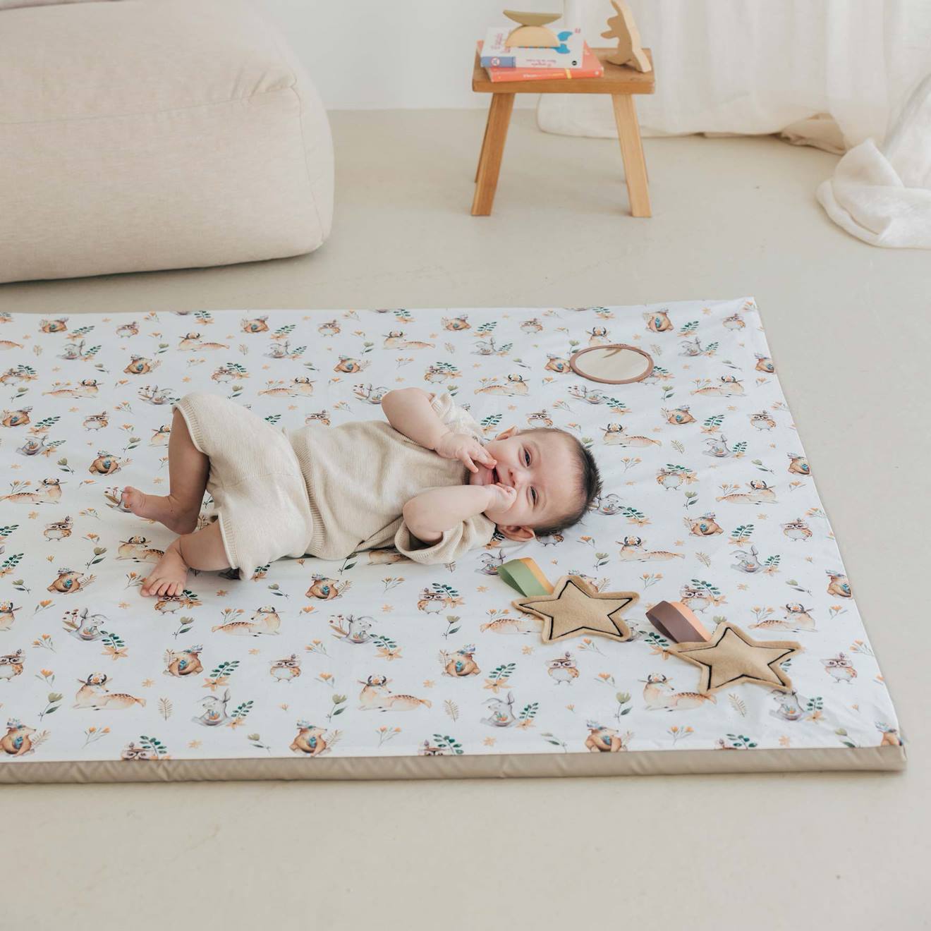 Tapis De Motricité Enrollagateo Coton Biologique Motifs D'animaux De La Forêt