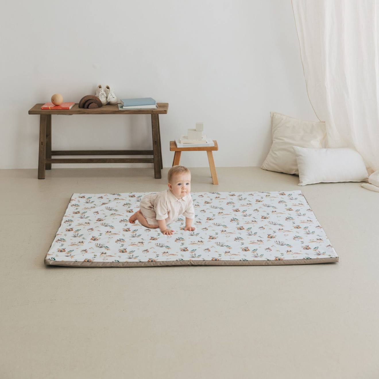 Tapis De Motricité Enrollagateo Coton Biologique Motifs D'animaux De La Forêt