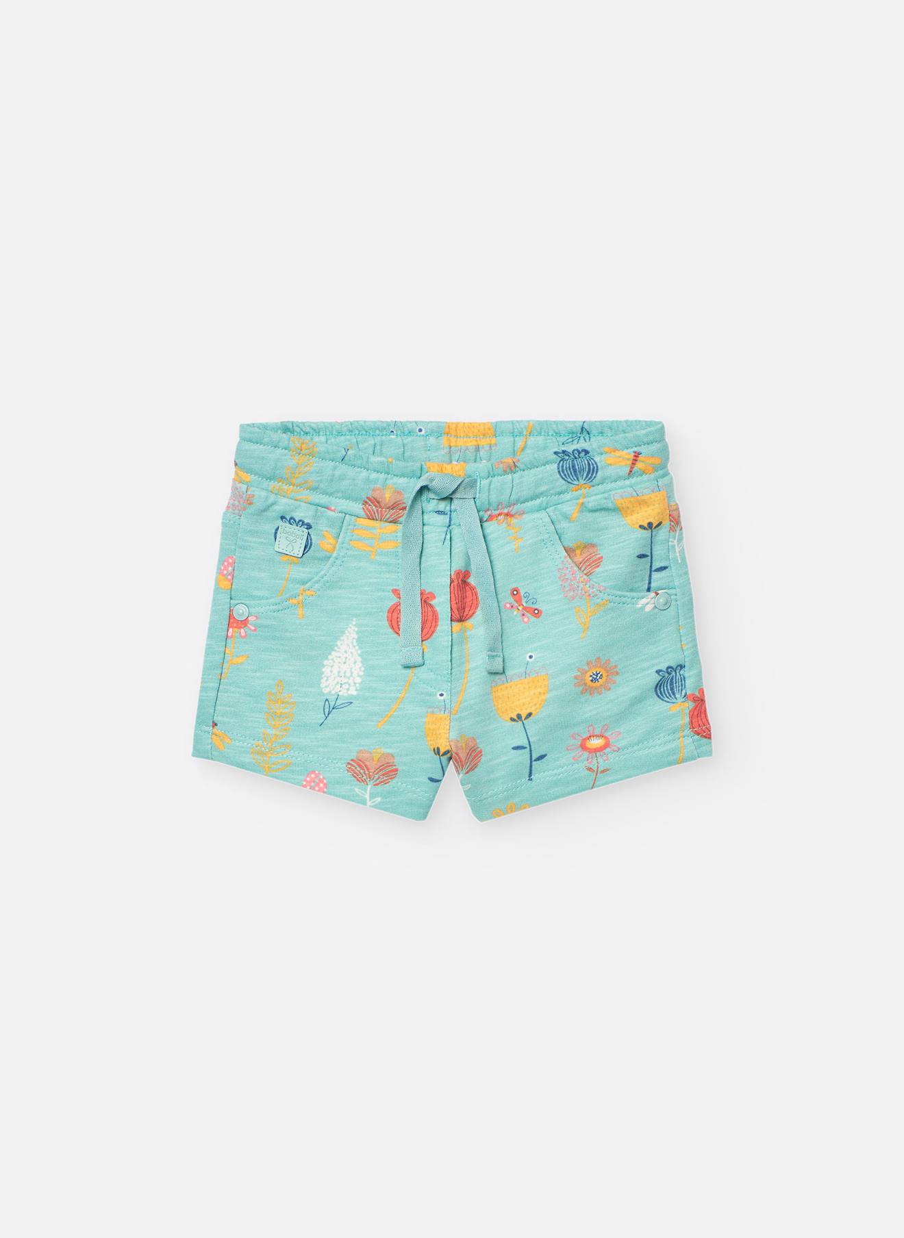 Short En Coton Avec Imprimé Fleurs Et Petits Animaux Vert
