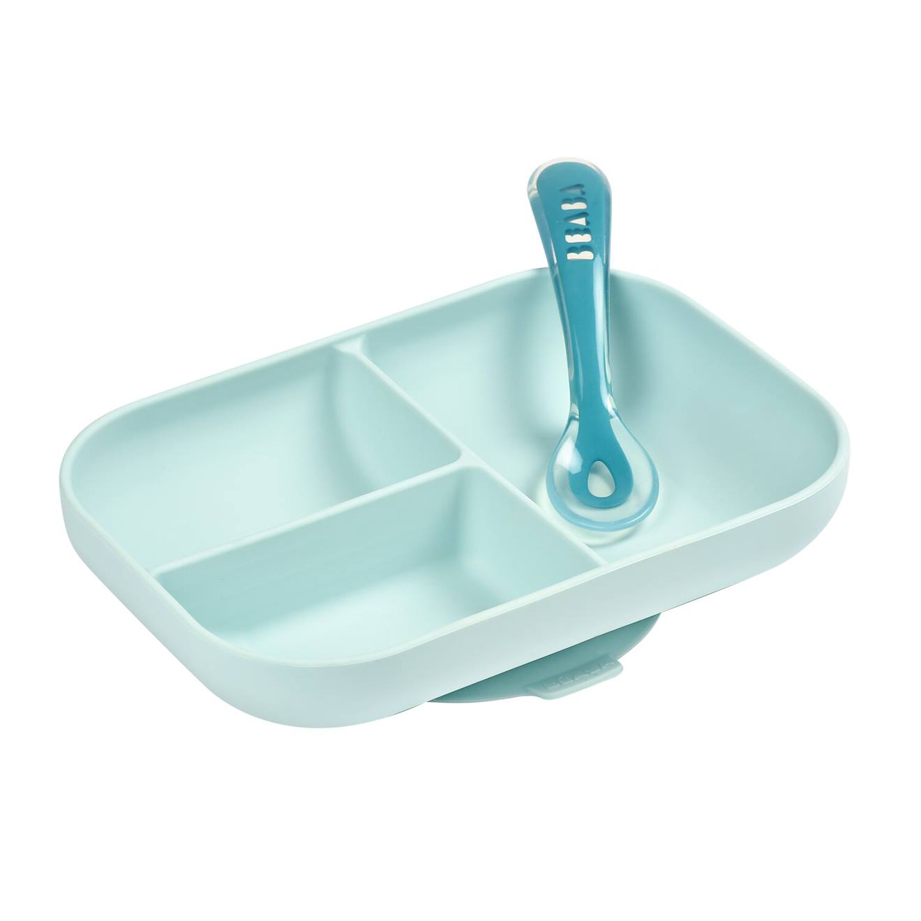 Set Repas Assiette Compartimenté Silicone Et Cuillère 2ème Age Bleu