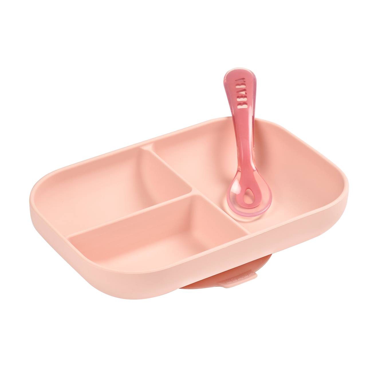 Set Repas Assiette Compartimenté Silicone Et Cuillère 2ème Age Rose