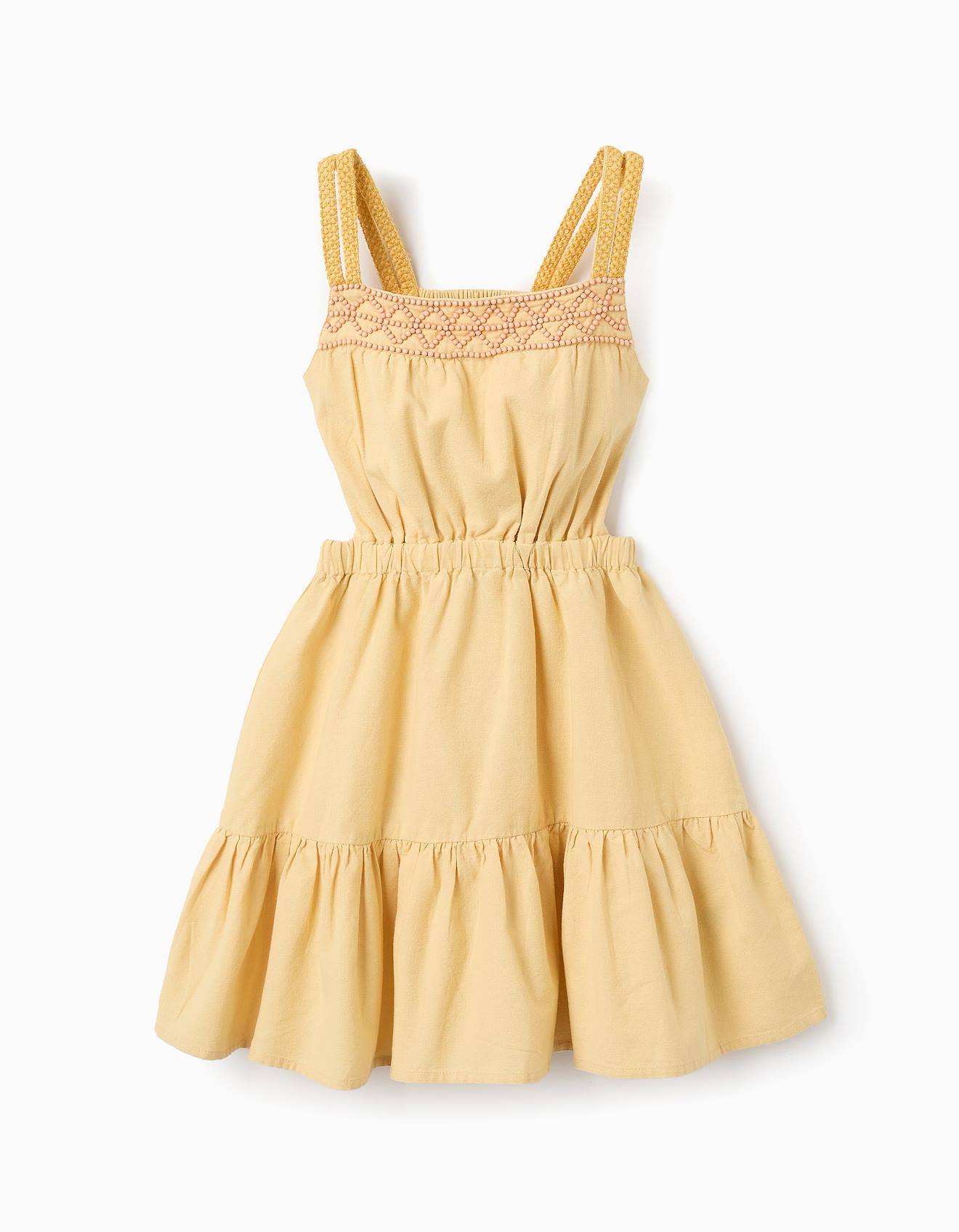 Robe En Coton Et Lin Avec Perles Jaune Clair