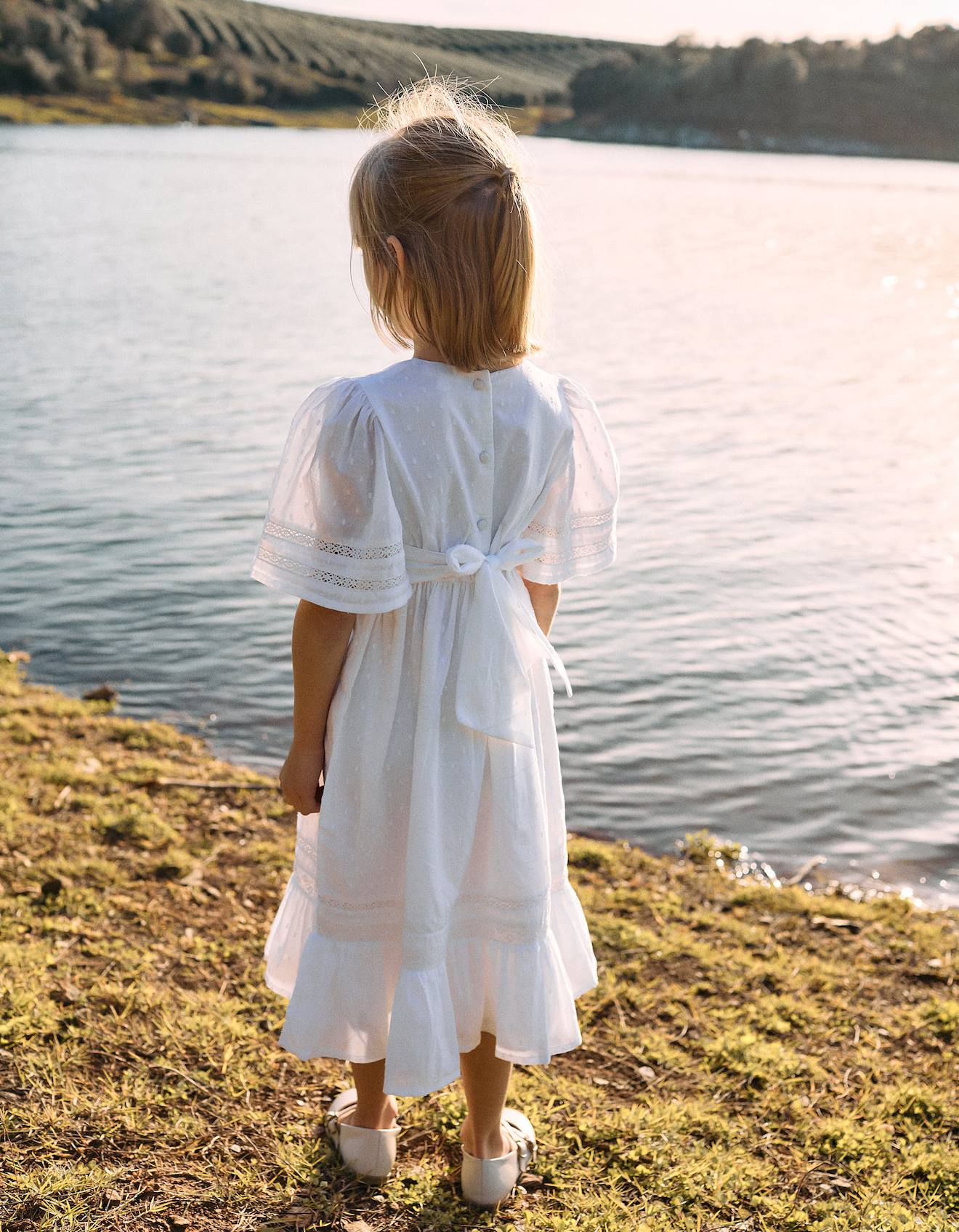 Robe En Coton Texturé Et Dentelle Blanc