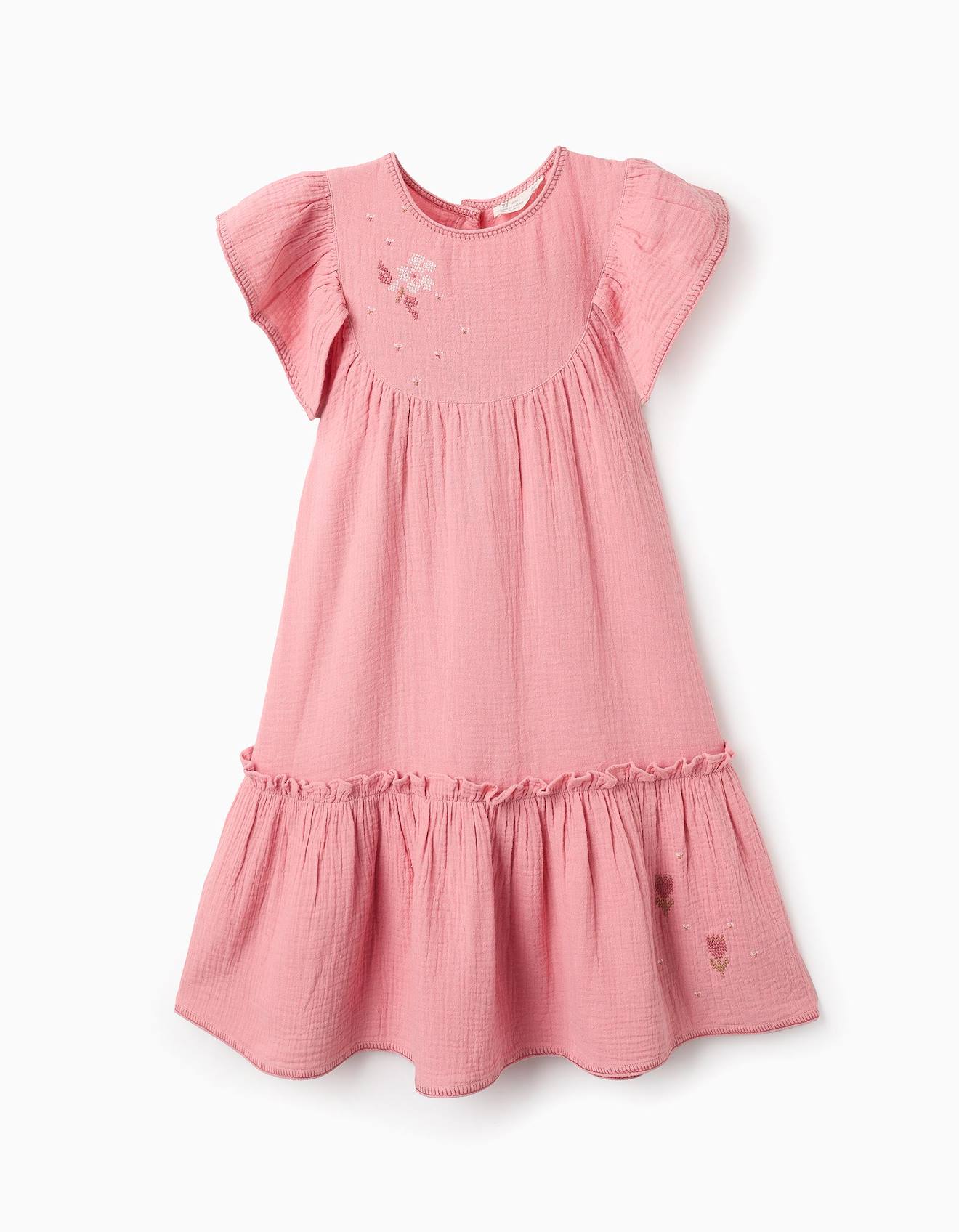 Robe En Mousseline Avec Fleurs En Point De Croix Rose Clair