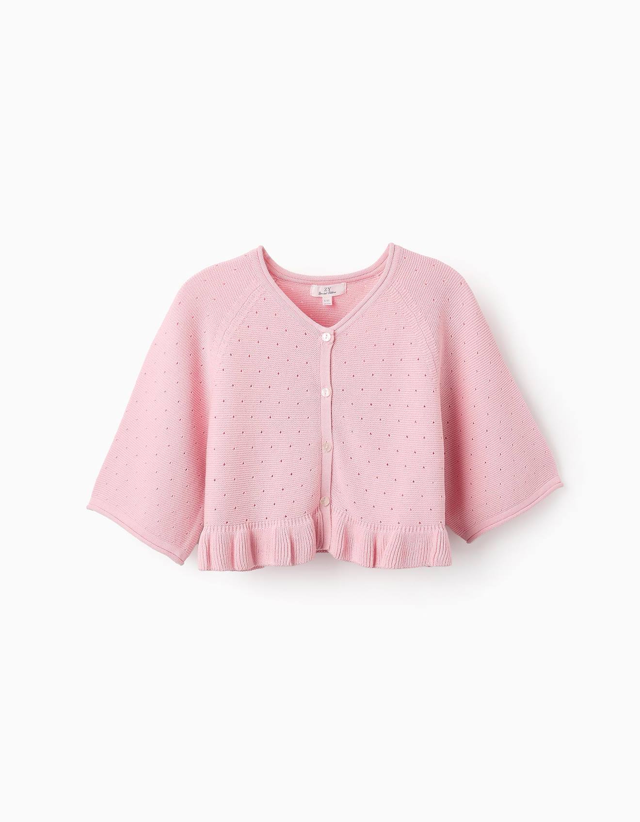 Gilet En Maille Ajourée Avec Volants Rose Clair