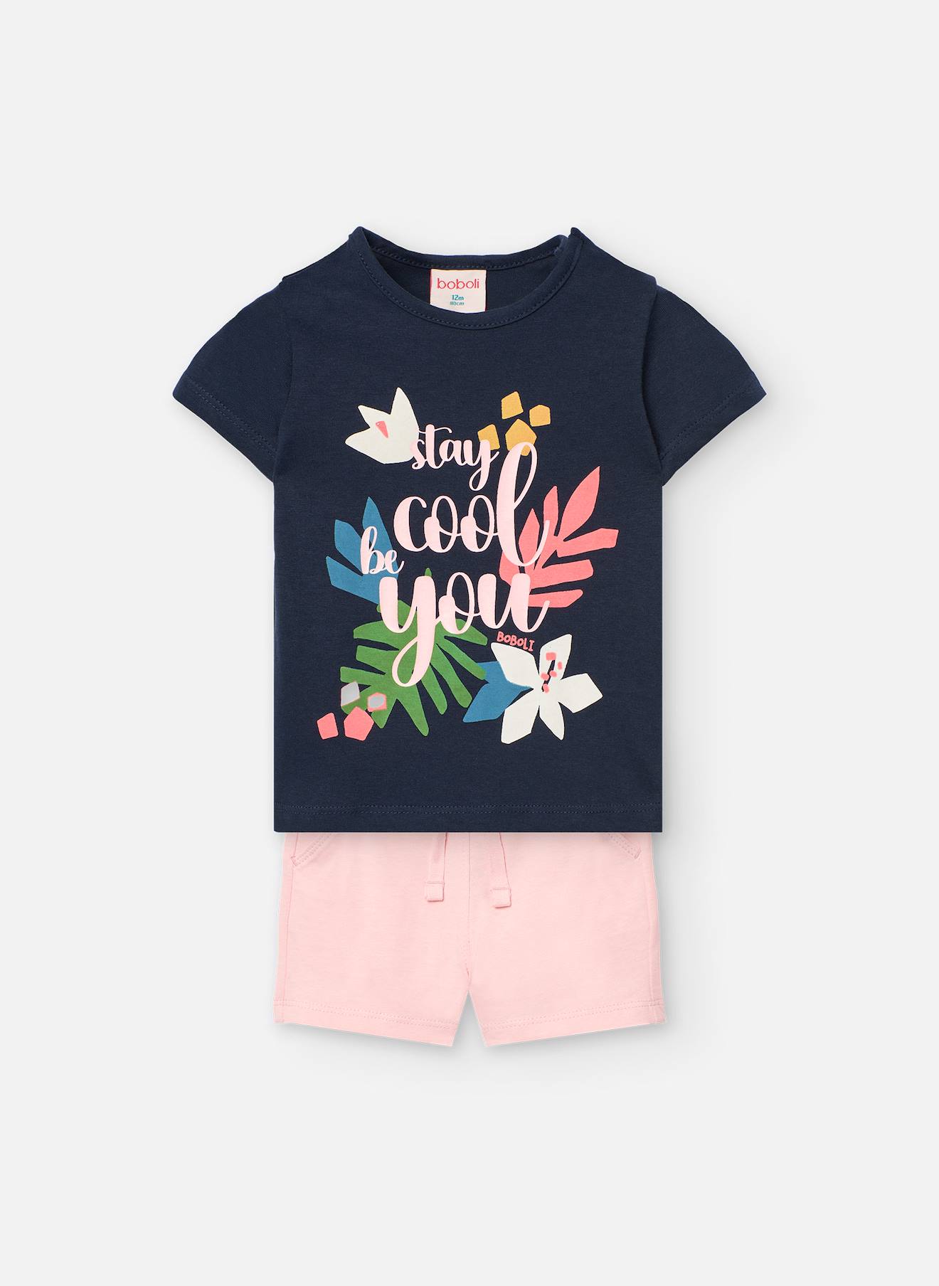 Ensemble T-shirt Avec Dessin Frontal Et Short Uni Bleu