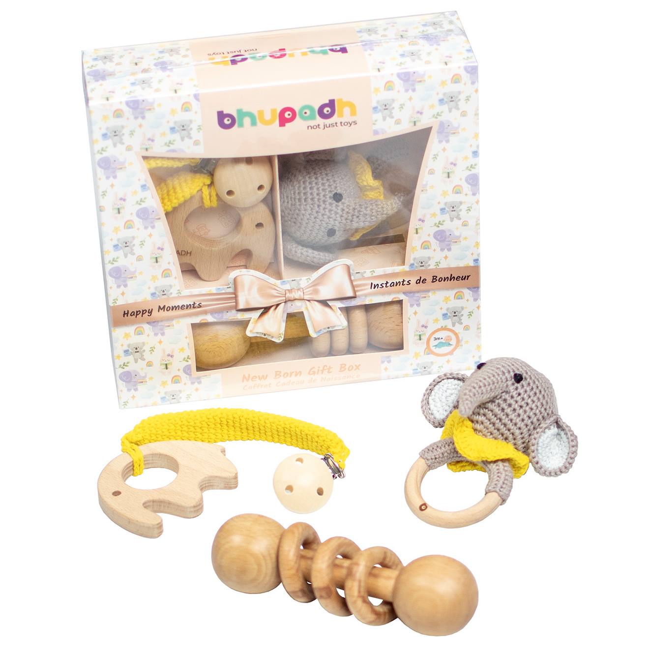 Coffret De 3 Hochets En Coton Et Bois Naturel Elephant