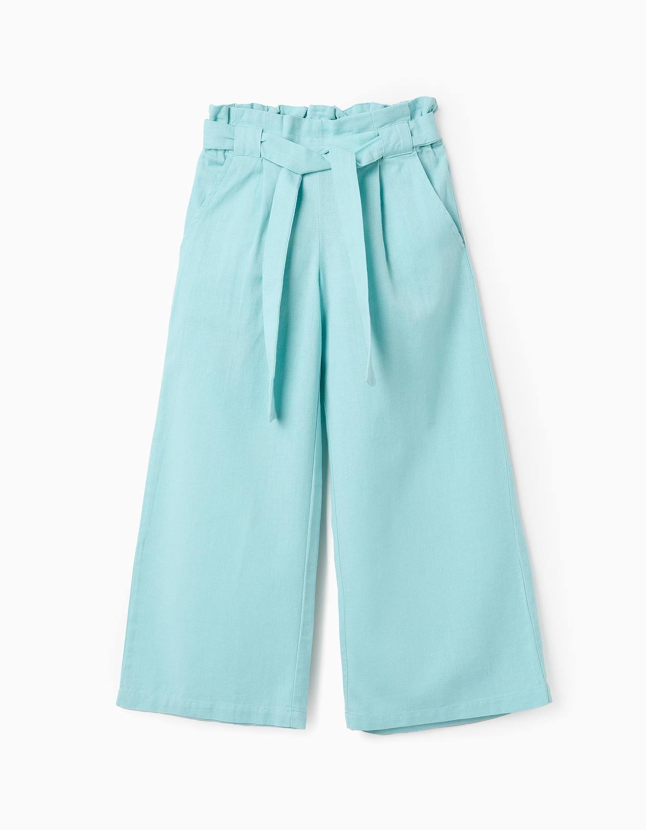 Pantalon En Coton Et Lin Bleu Clair