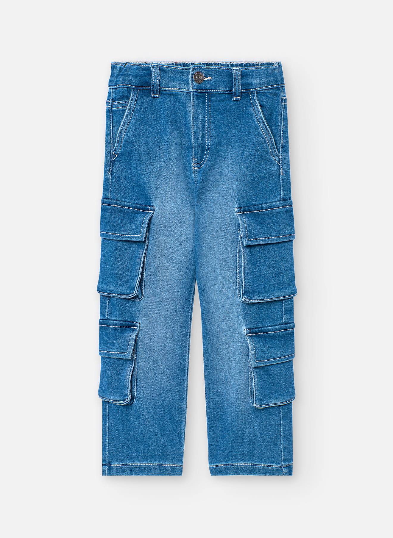 Pantalon Cargo En Denim Avec Passants À La Taille Bleu
