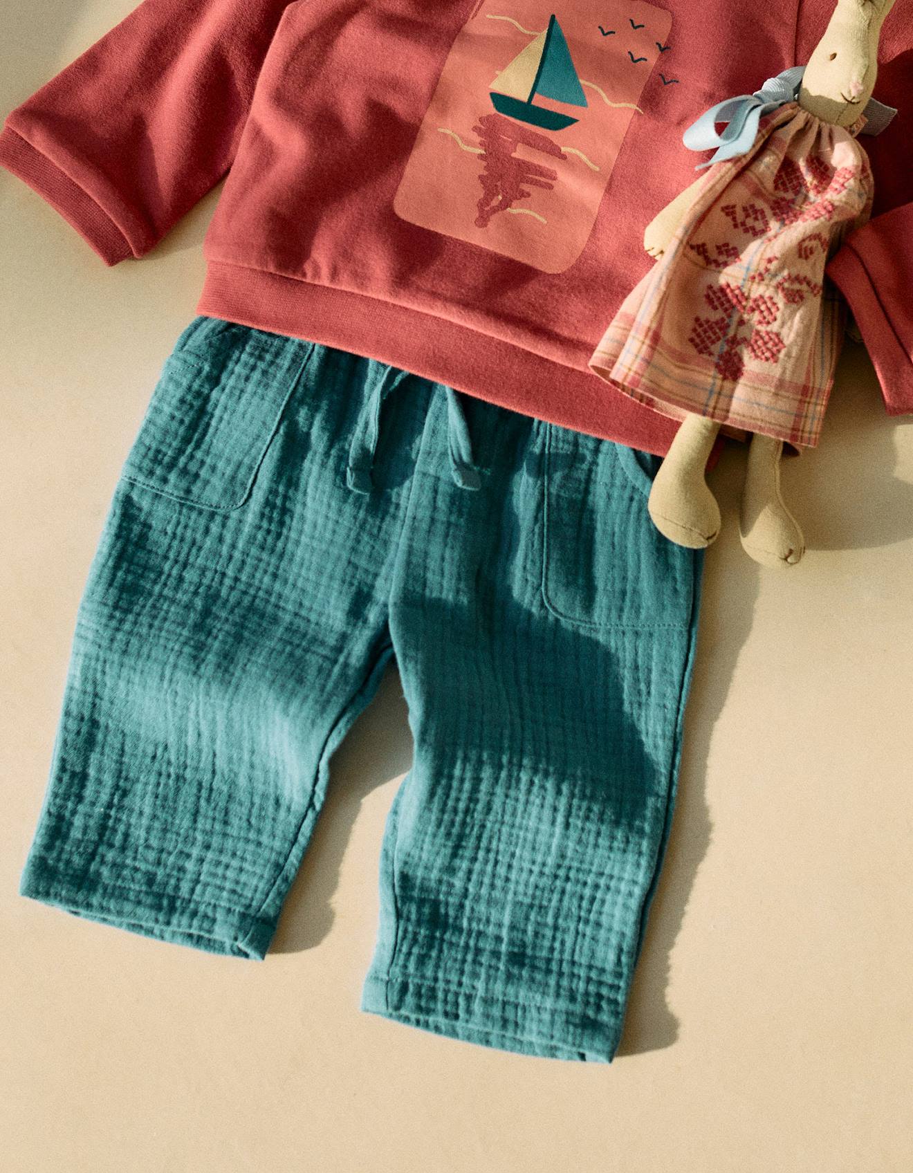 Pantalon En Mousseline De Coton Bleu