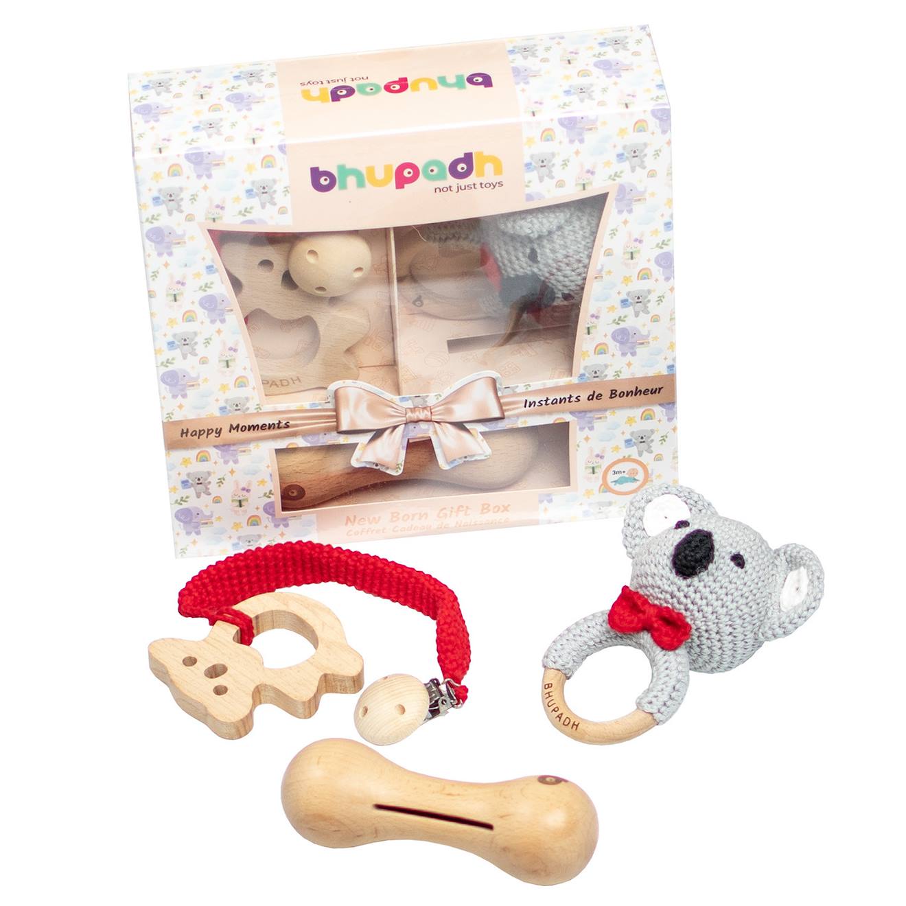 Coffret De 3 Hochets En Coton Et Bois Naturel Koala