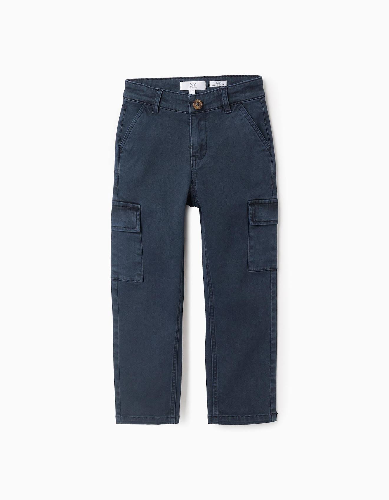 Pantalon En Sergé Cargo Bleu Foncé