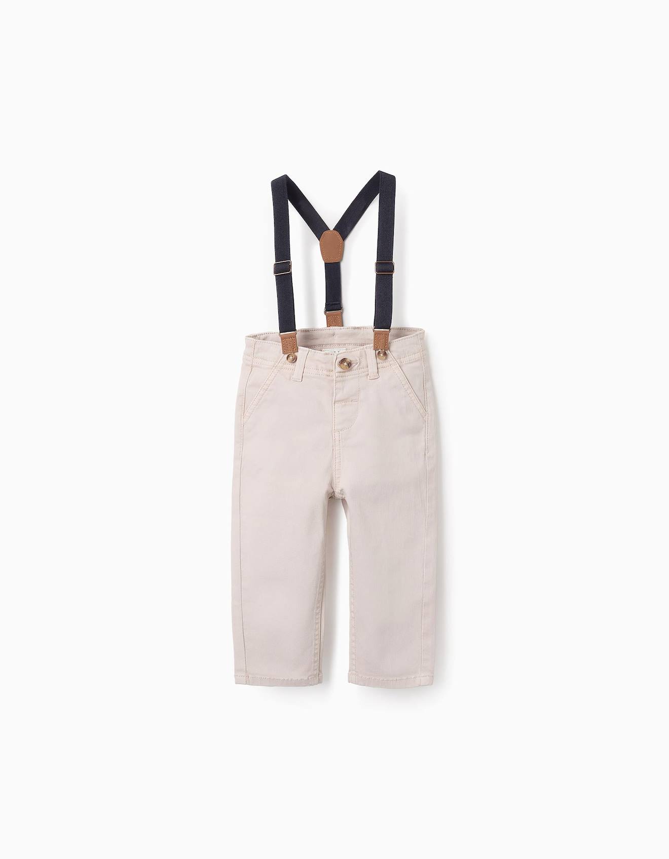 Pantalon En Sergé Avec Bretelles Amovibles Beige Clair