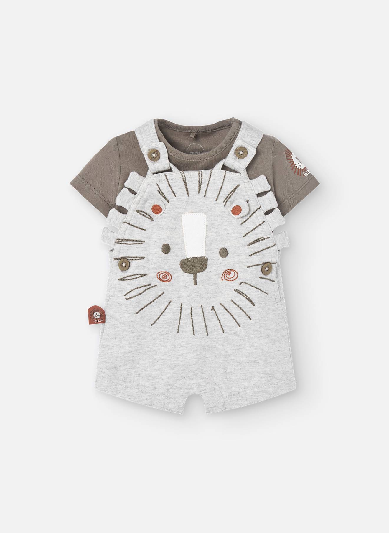 Ensemble T-shirt Et Salopette Courte Avec Lion Devant Marron