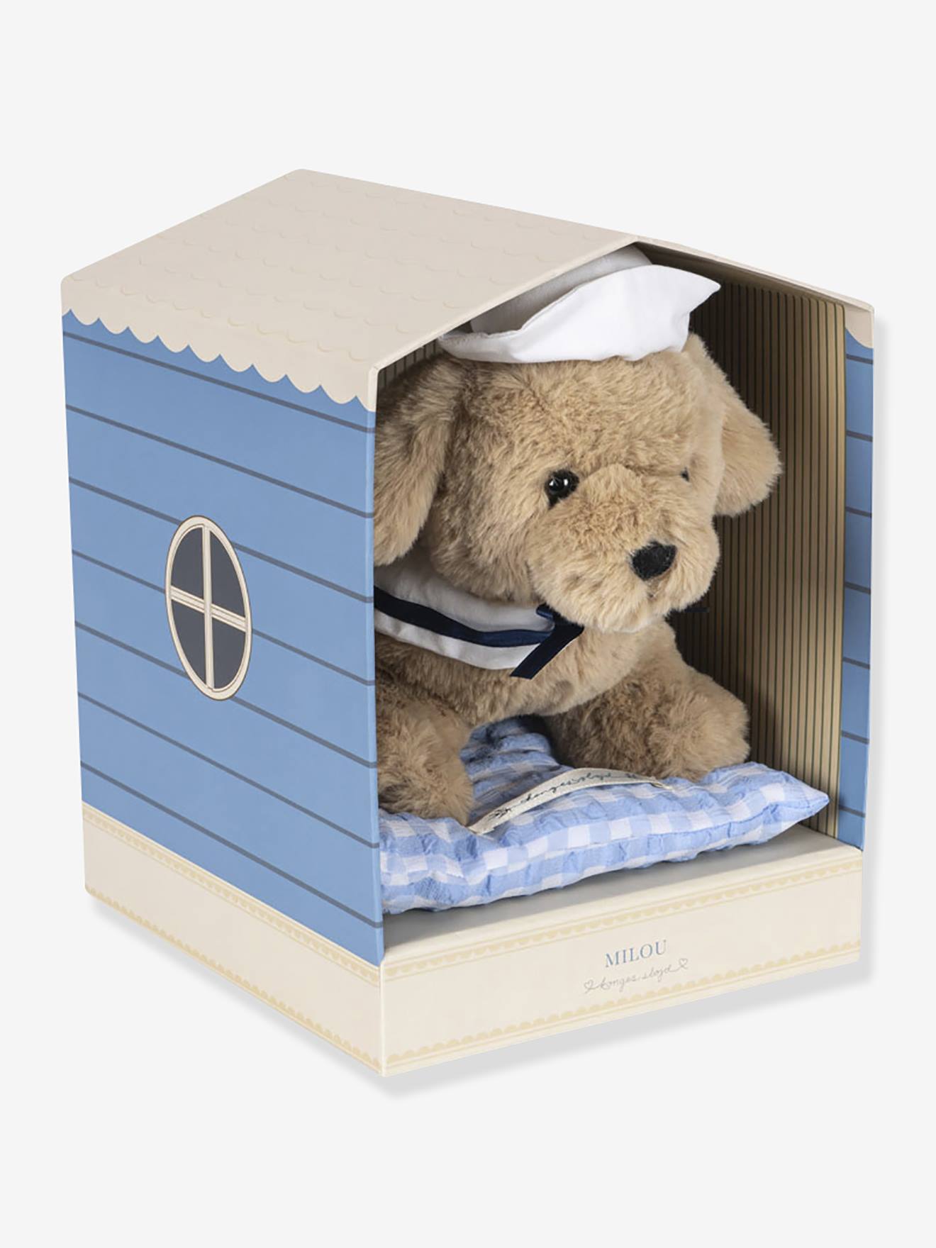Peluche chien Milou et son coussin marron Peluche chien Milou et son coussin marron