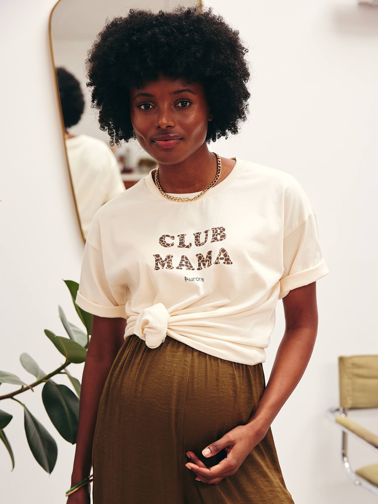 T-shirt de grossesse à message imprimé léopard en coton biologique* écru