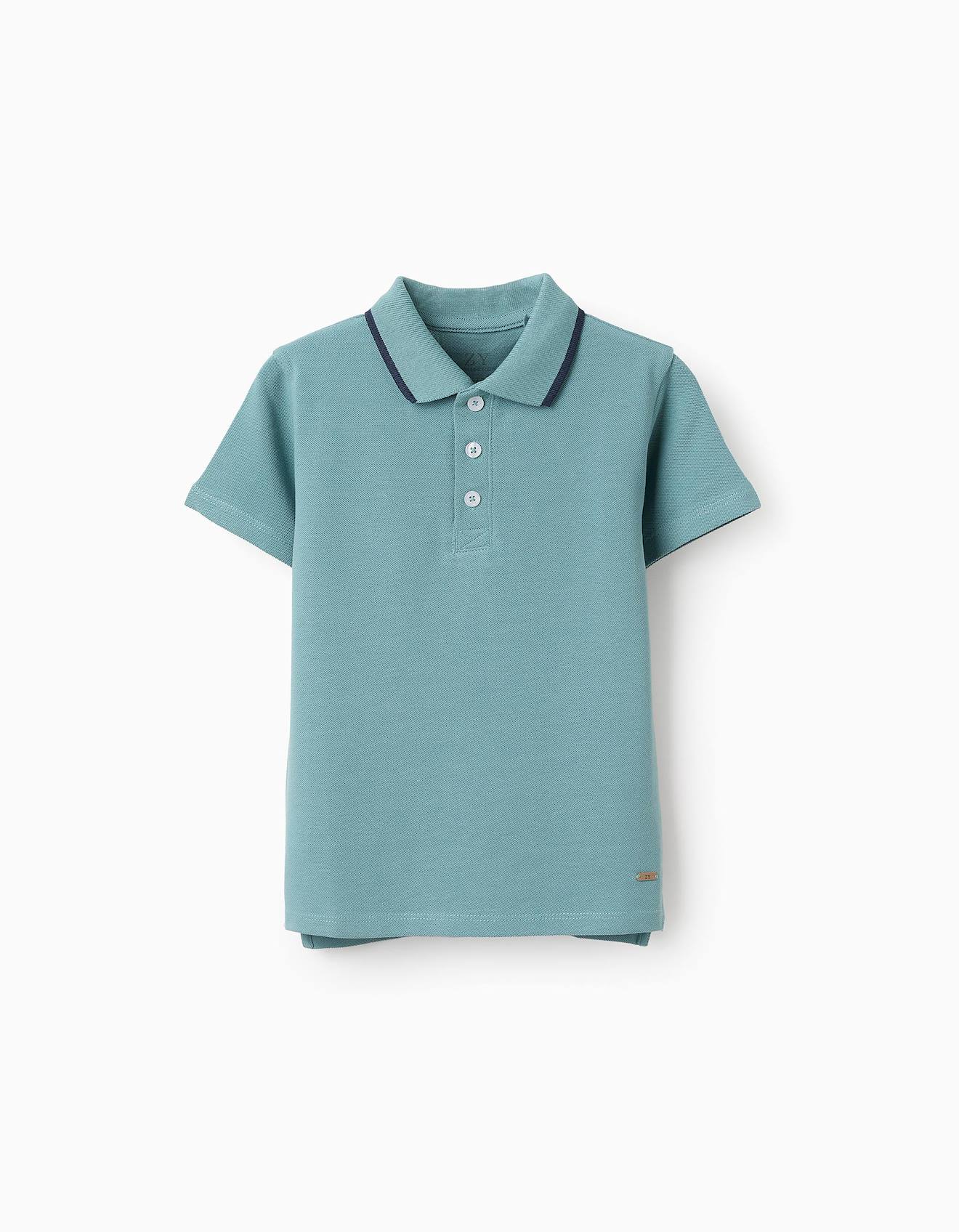 Polo En Piqué De Coton Col Rayé Bleu Clair