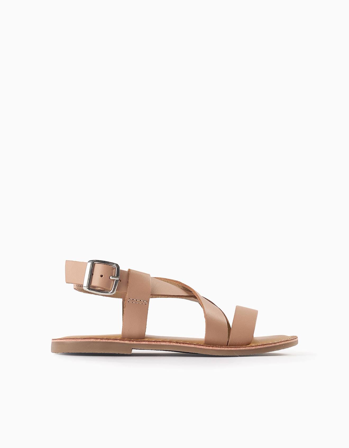 Sandales En Cuir À Brides Croisées Beige