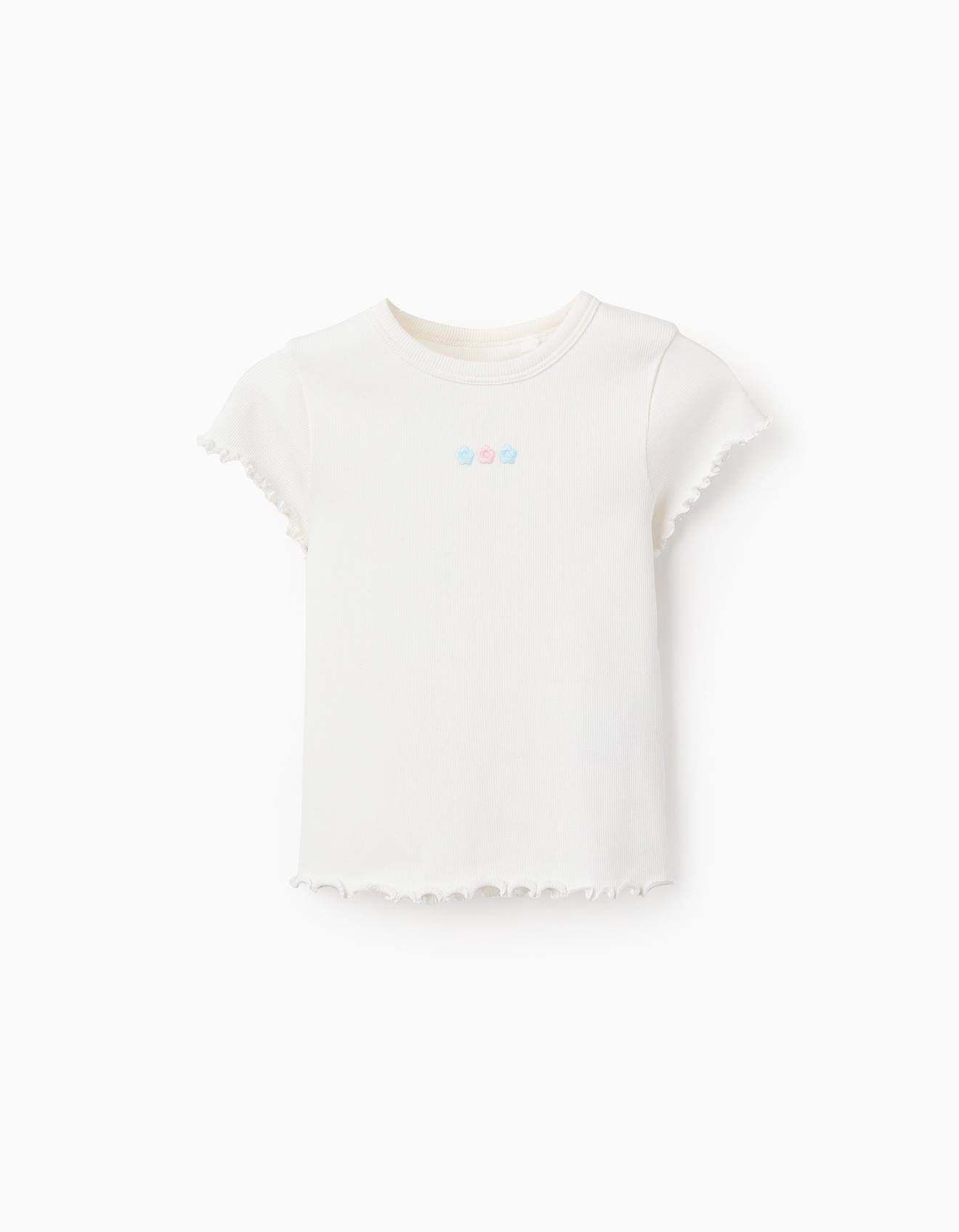 T-shirt Côtelée Avec Broderies De Fleurs Beige Clair