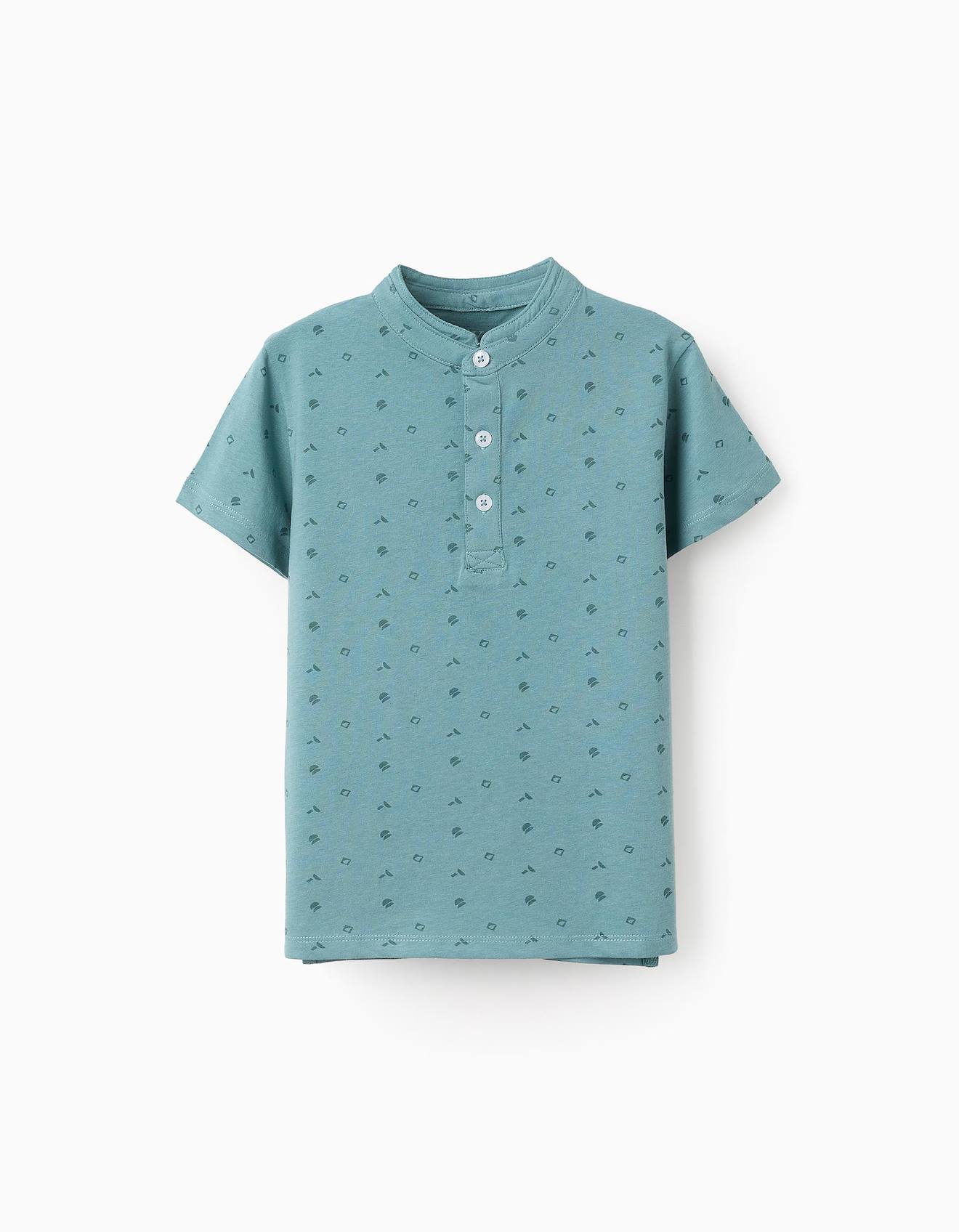 T-shirt En Coton Avec Col Mao Et Motif Bleu Clair