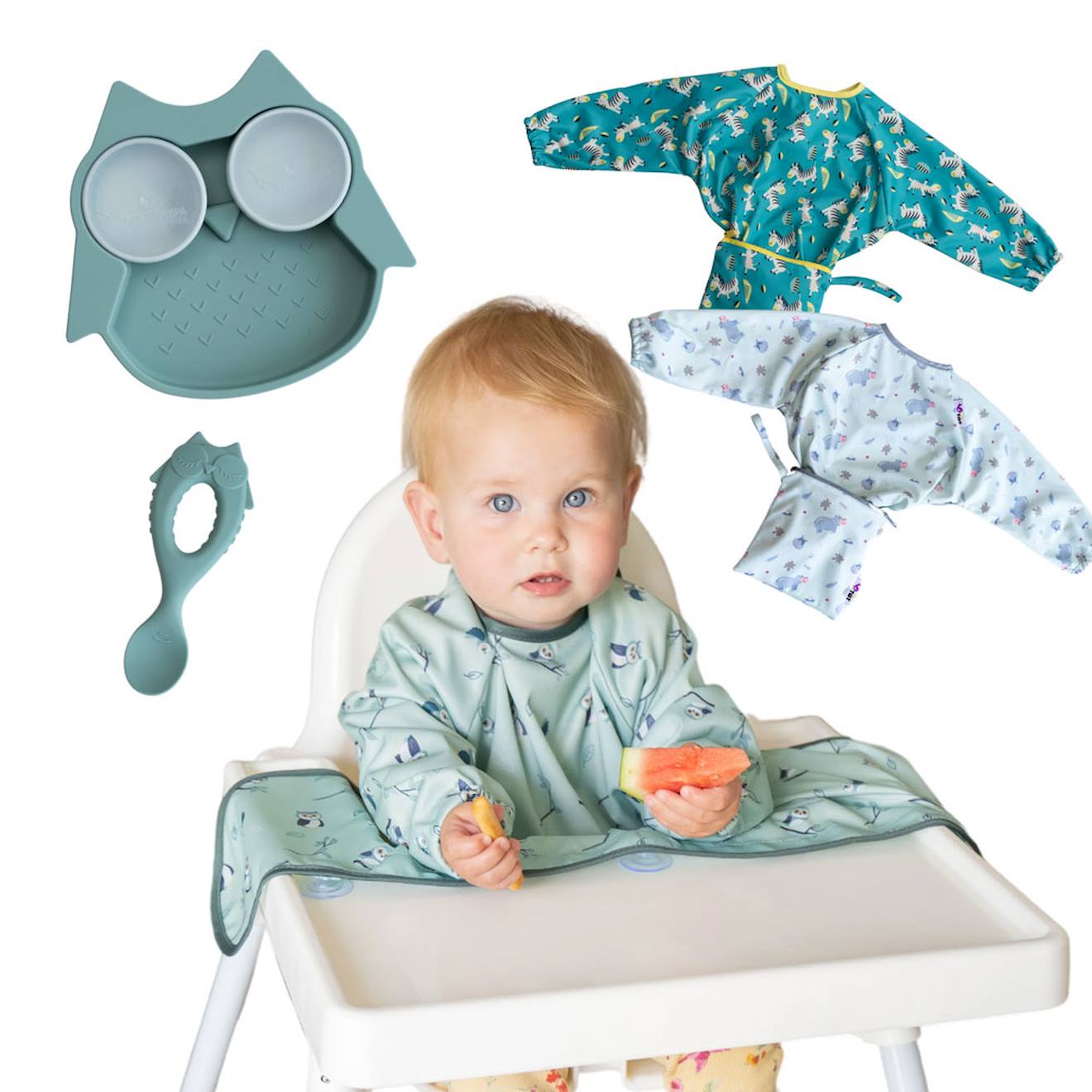 Coffret La Diversification Chouette - 3 Bavoirs Nomade + 1 Assiette + 1 Cuillère Bleu