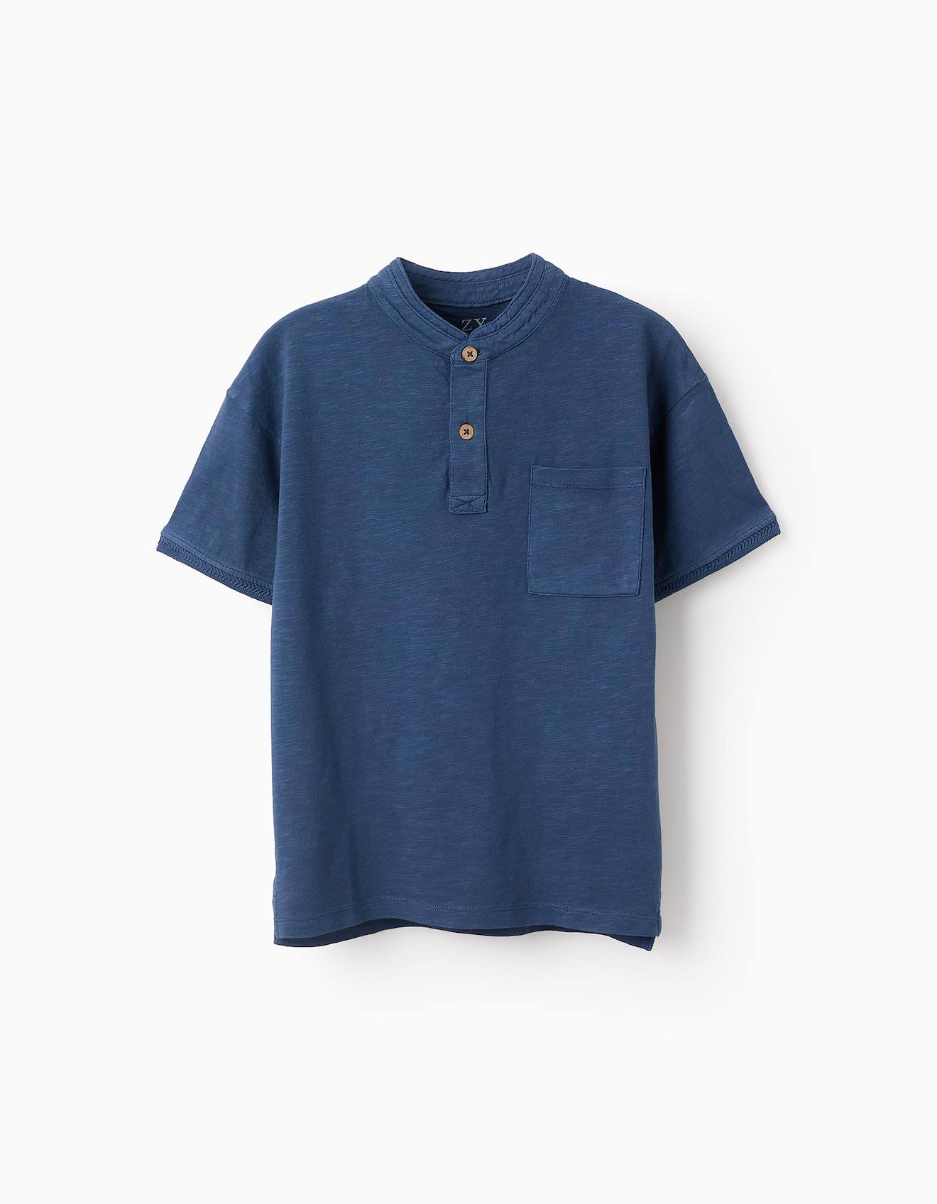 T-shirt De Coton Avec Col Mao Bleu Foncé