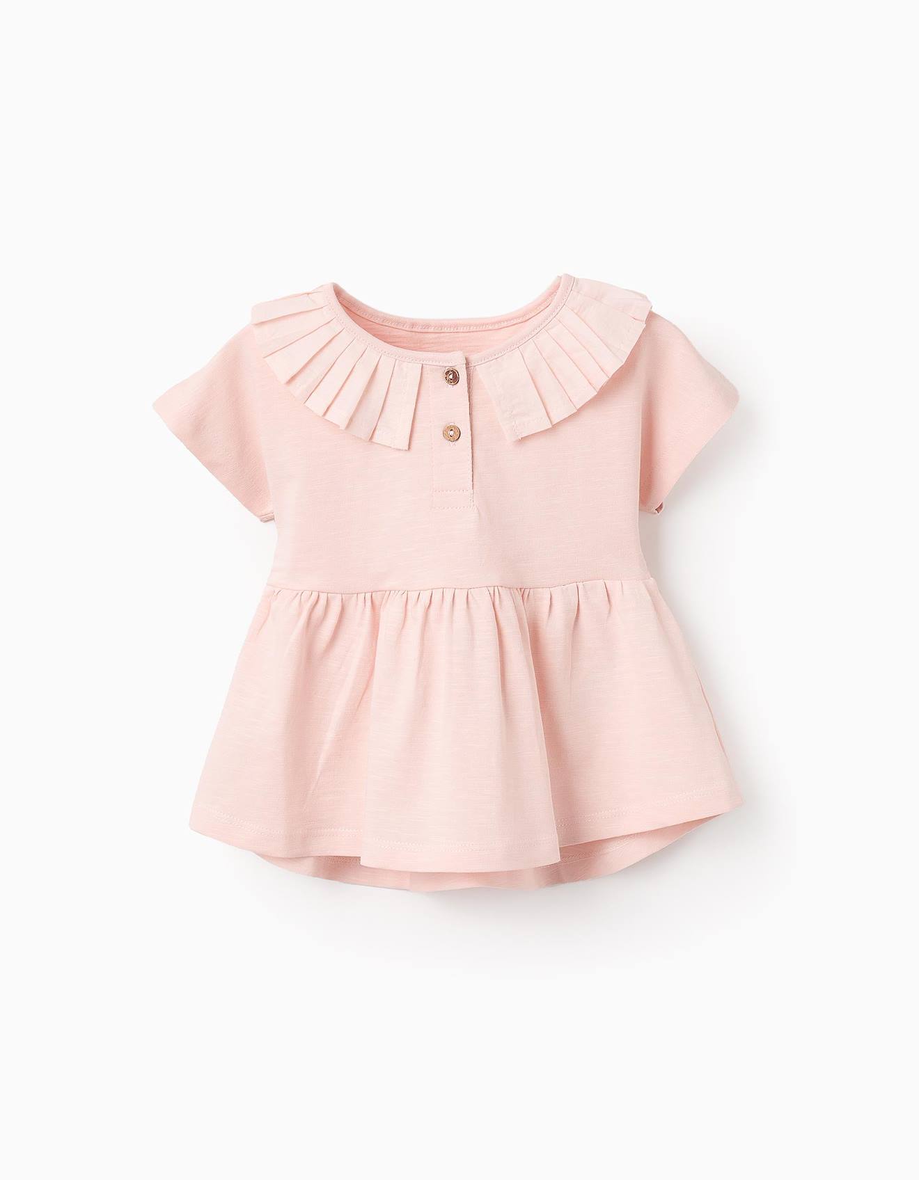 T-shirt De Coton Avec Col Plissé Et Volants Rose Clair