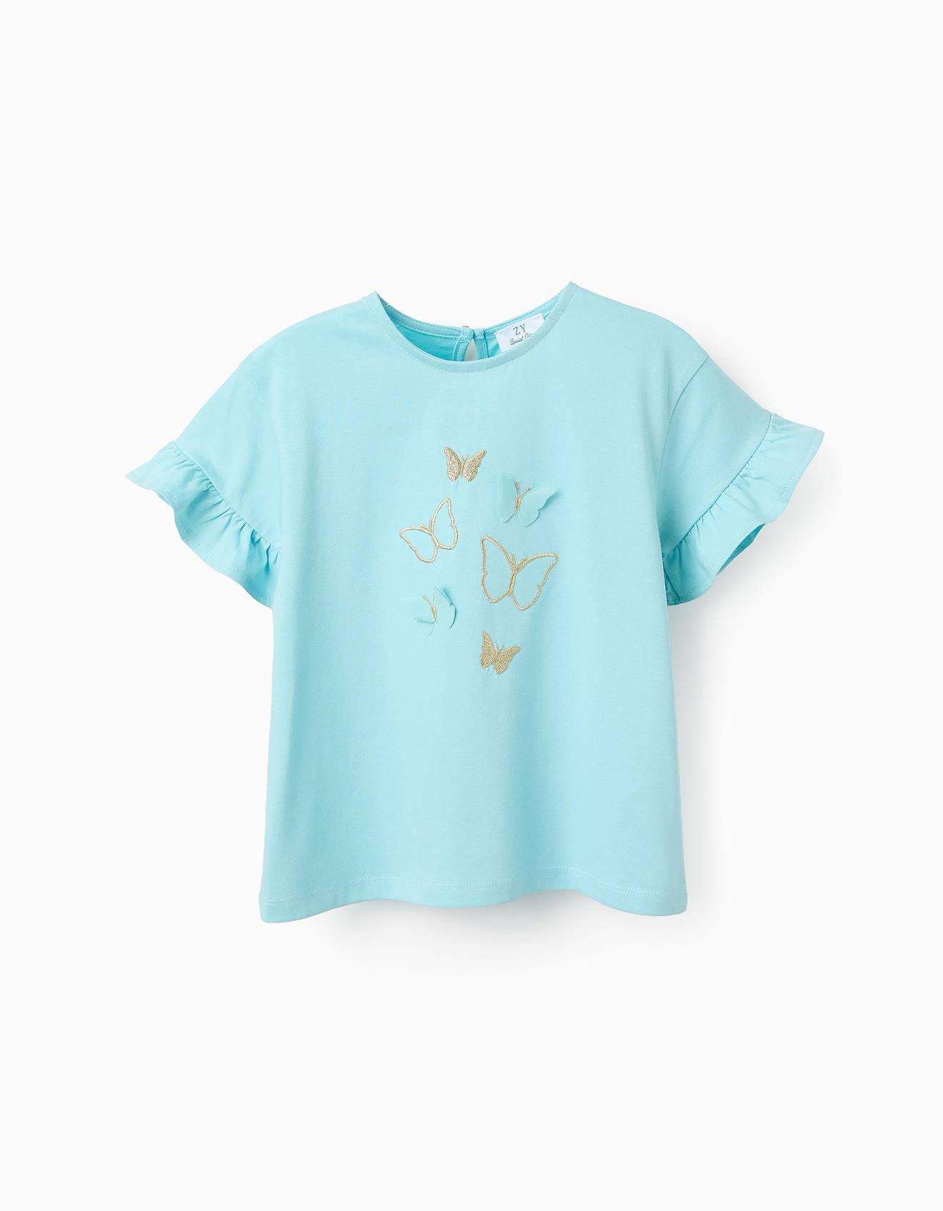 T-shirt De Coton Avec Papillons 3d Bleu Clair