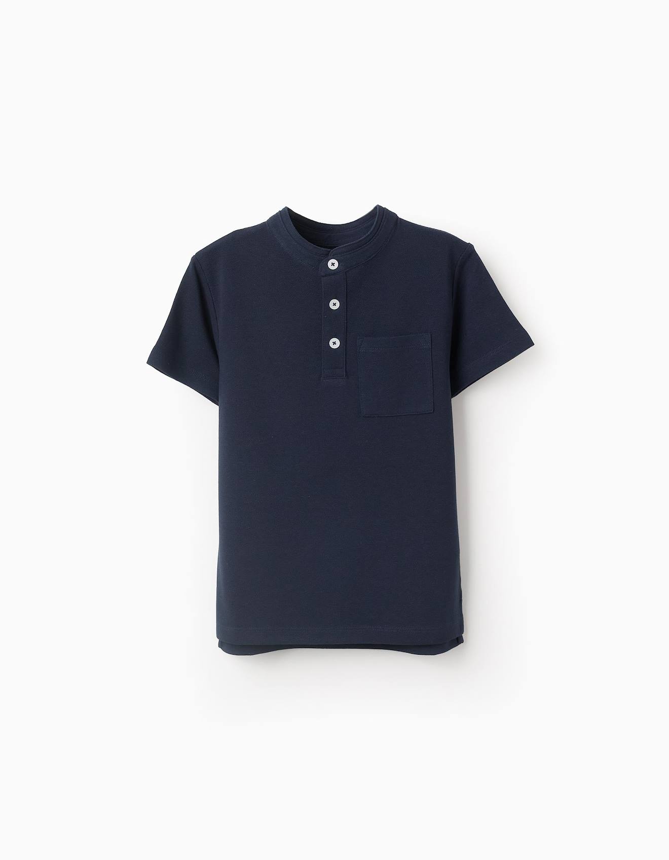 Polo En Coton À Col Mao Bleu Foncé