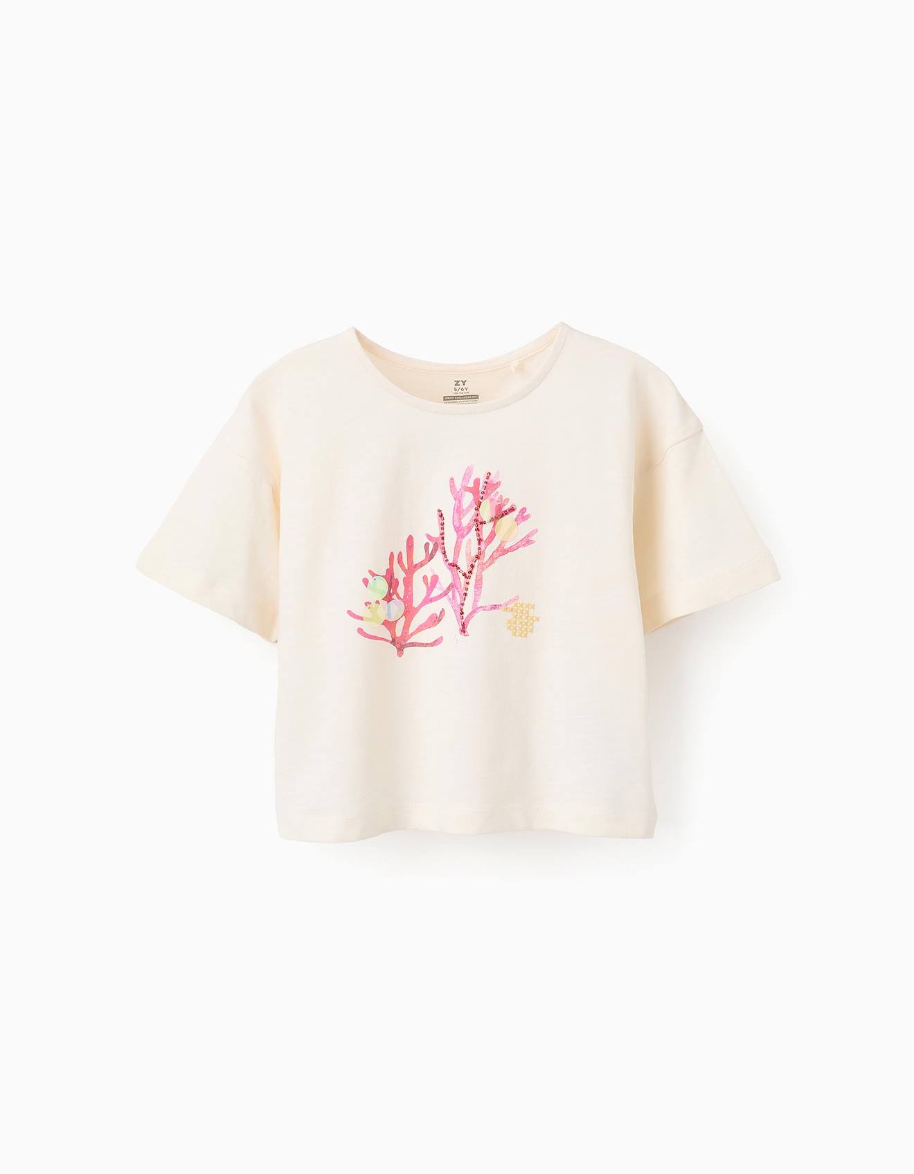 T-shirt De Coton Avec Paillettes Et Perles Beige Clair