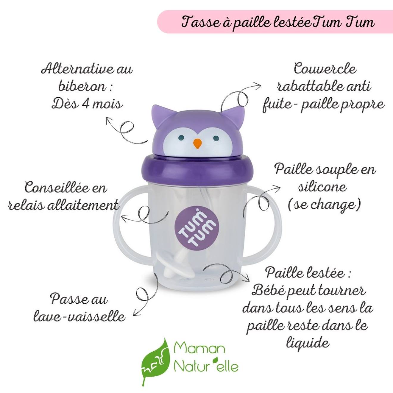 Tasse Anti Fuite + Paille Lestée Chouette - V3 Violet (TUMTUM) - Image 1