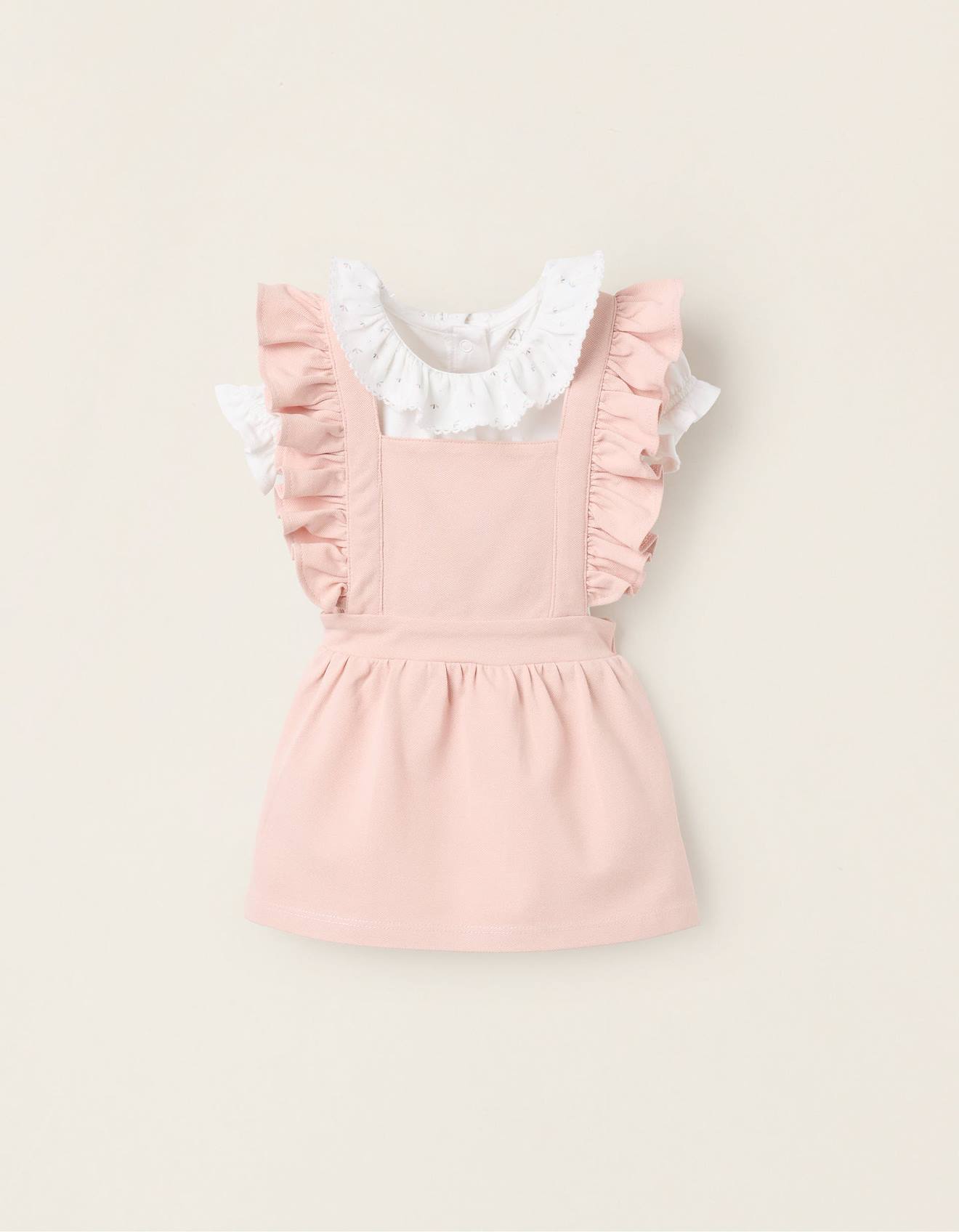 Body + Robe-salopette En Piqué Avec Volants Rose Clair