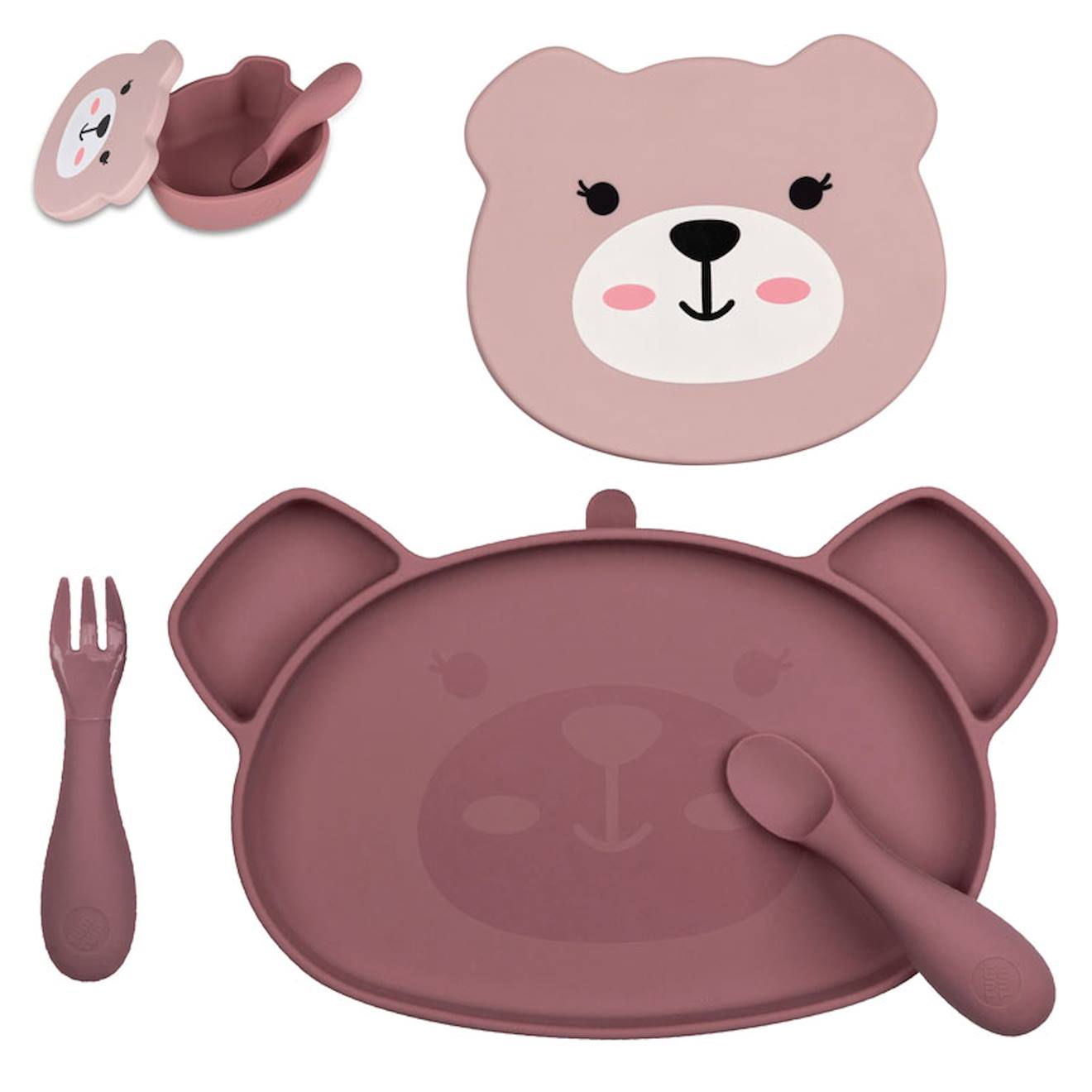Set Repas En Silicone Ourson Rose Multi-coloured