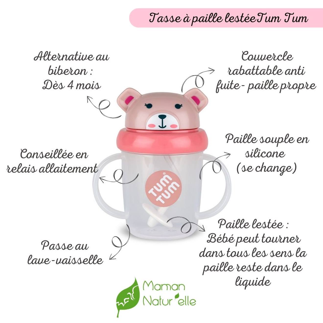 Tasse Anti Fuite + Paille Lestée Ourson Rose - V3 Rose (TUMTUM) - Image 1
