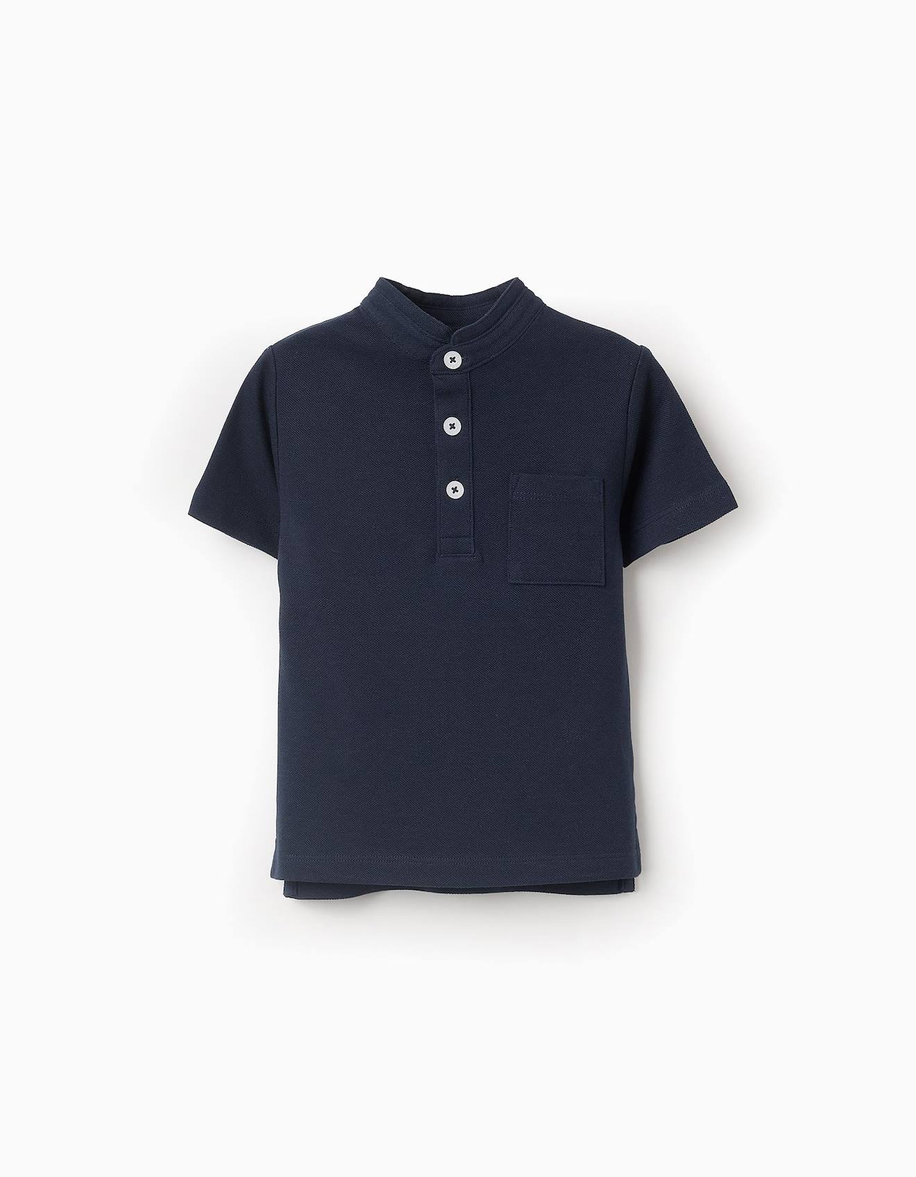 Polo En Coton À Col Mao Bleu Foncé