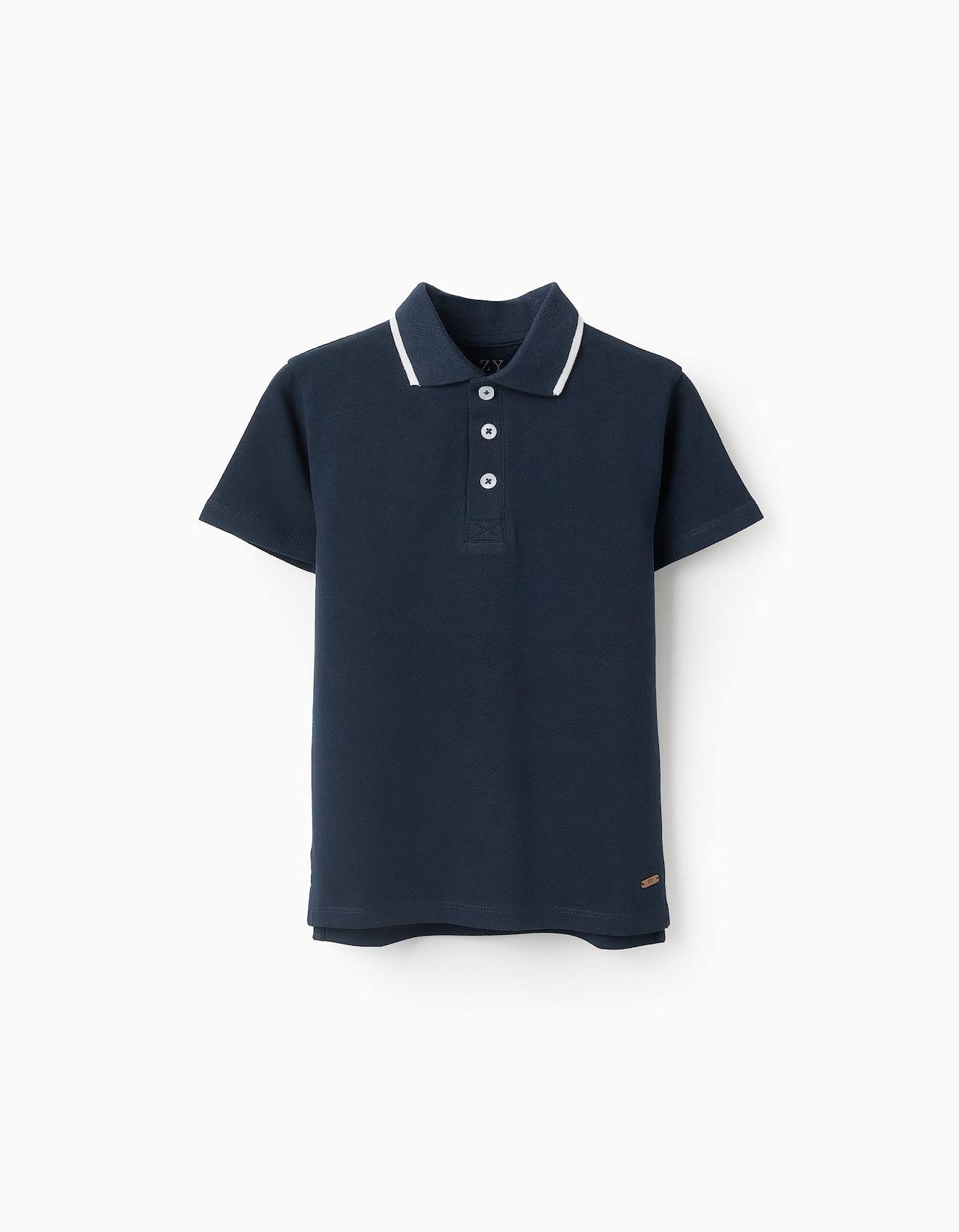 Polo En Piqué De Coton Col Rayé Bleu Foncé